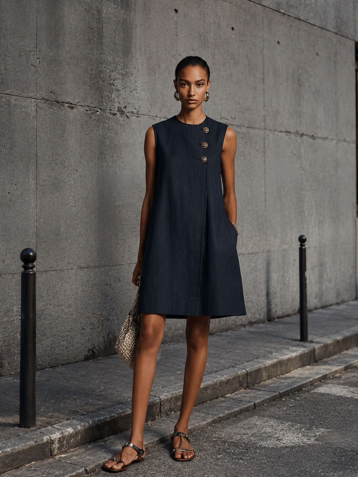 Women’s Blue Khaki and White Minimalist Linen Round-Neck Sleeveless Relaxed Mini Daily Dress
