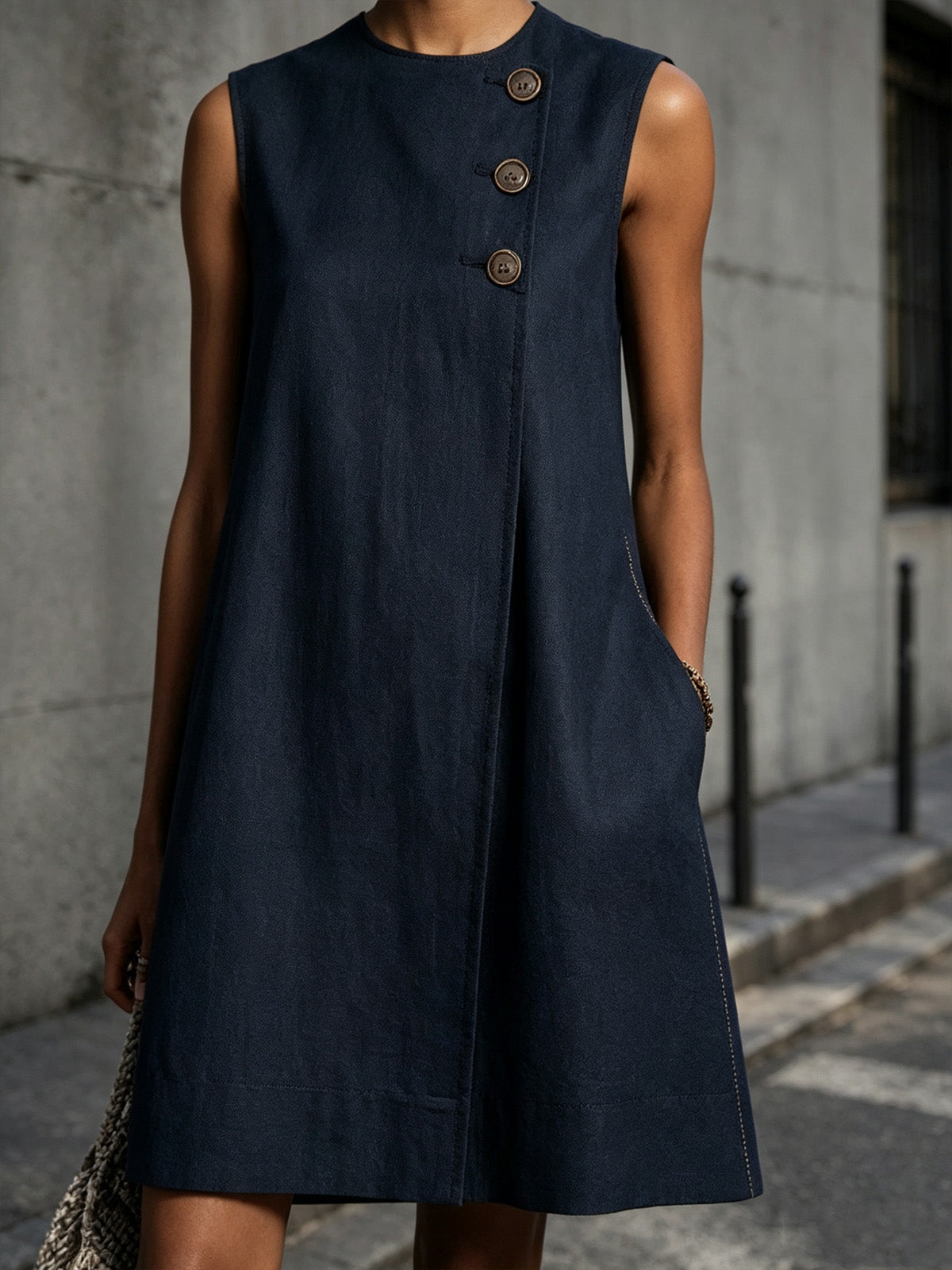 Women’s Blue Khaki and White Minimalist Linen Round-Neck Sleeveless Relaxed Mini Daily Dress