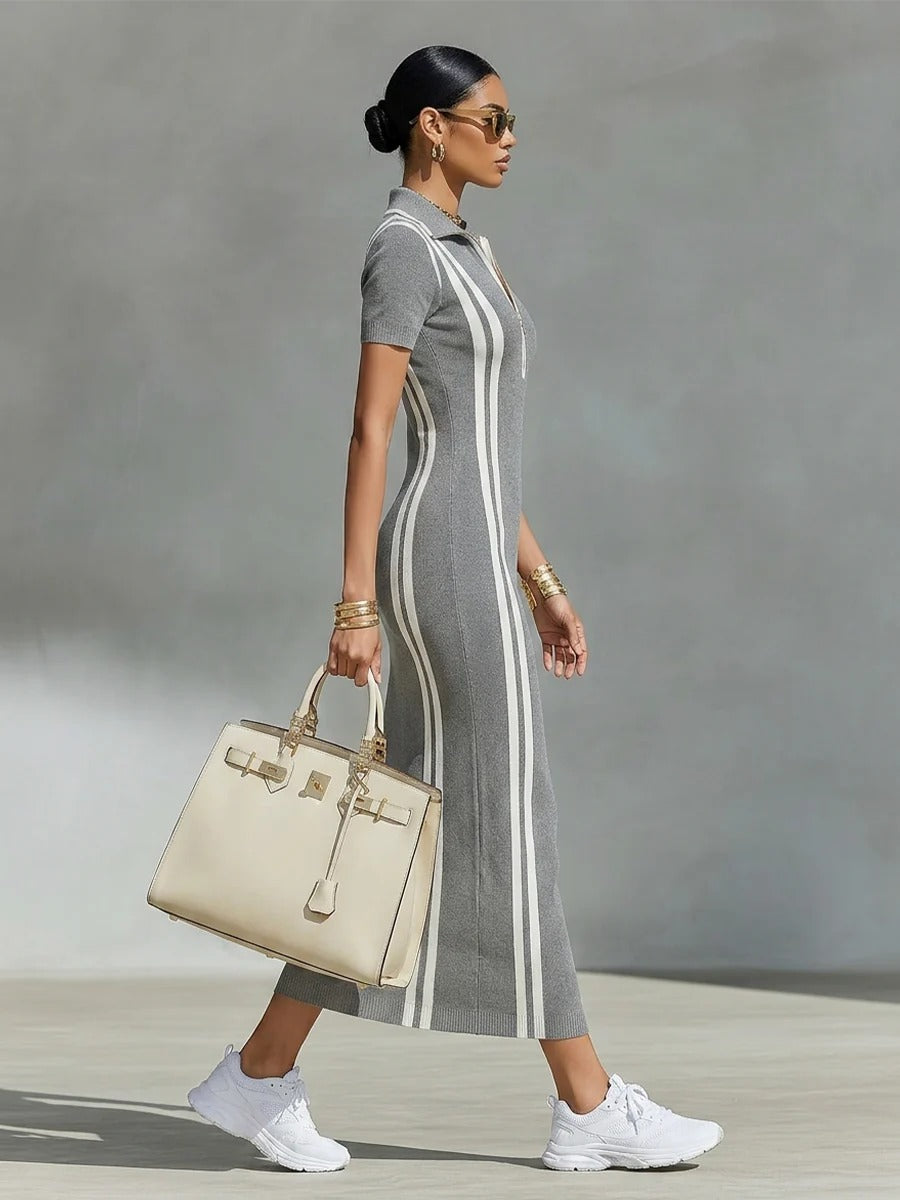 Women’s Gray Sporty Knit Collared V-Neck Short Sleeve Slim Midi Dress