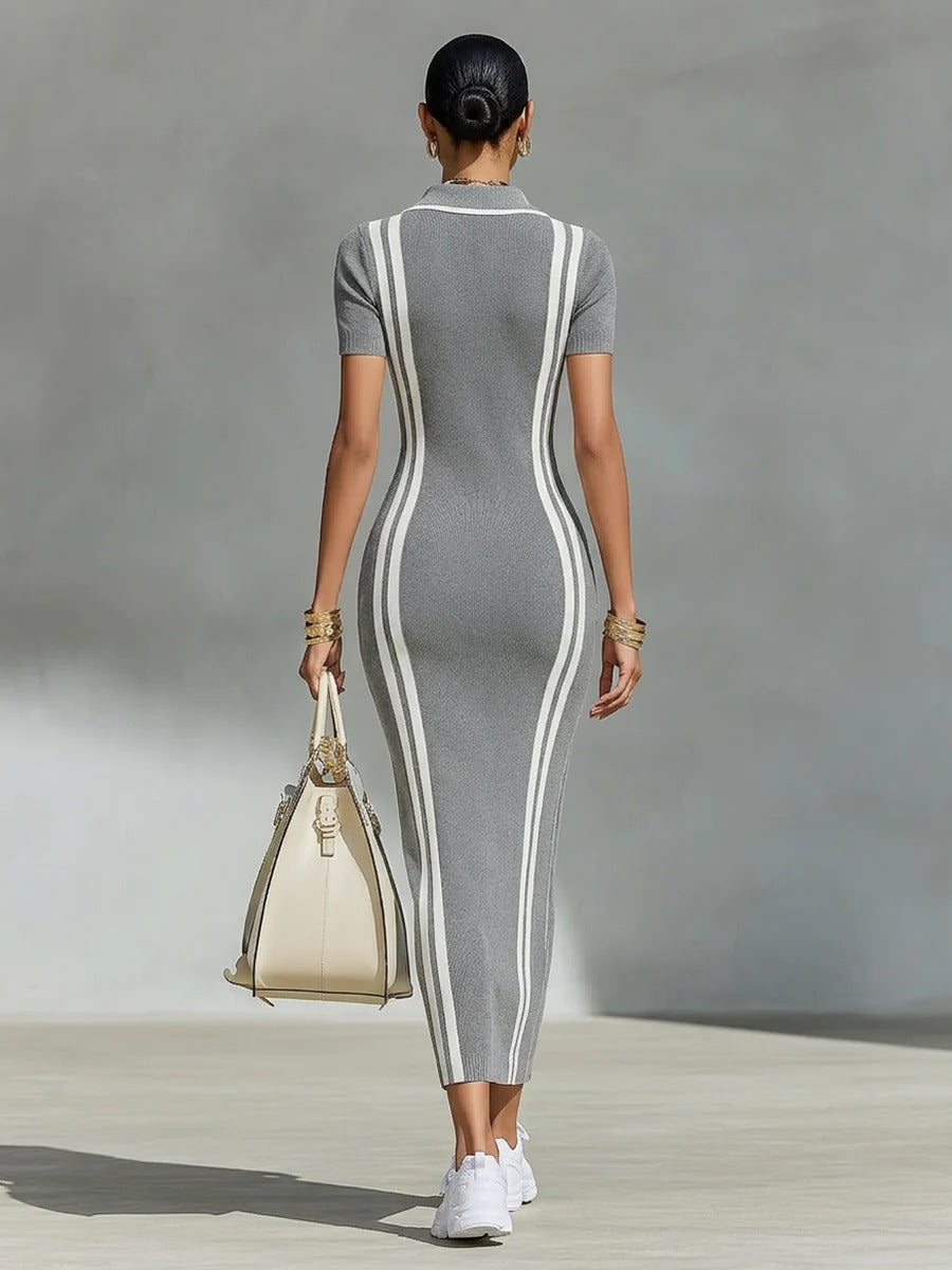 Women’s Gray Sporty Knit Collared V-Neck Short Sleeve Slim Midi Dress
