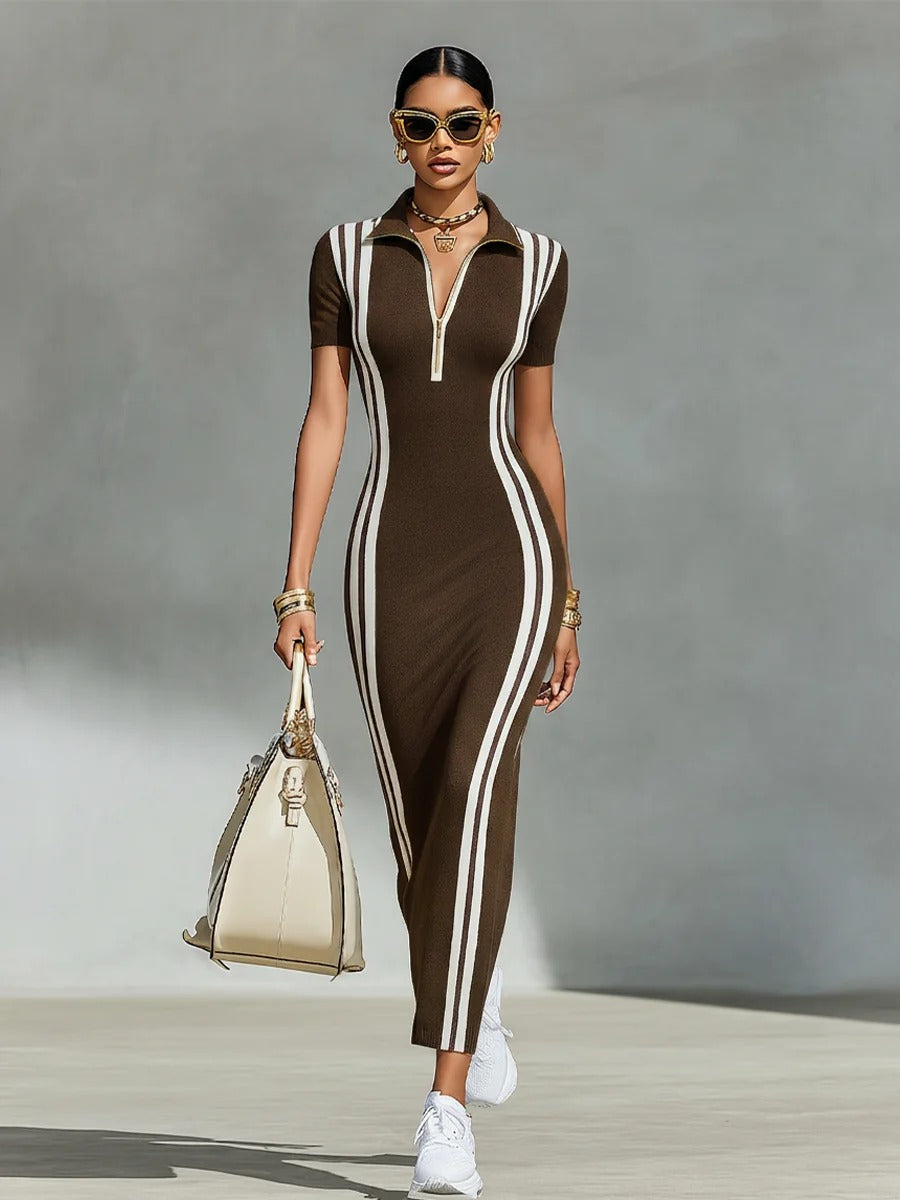 Women’s Gray Sporty Knit Collared V-Neck Short Sleeve Slim Midi Dress