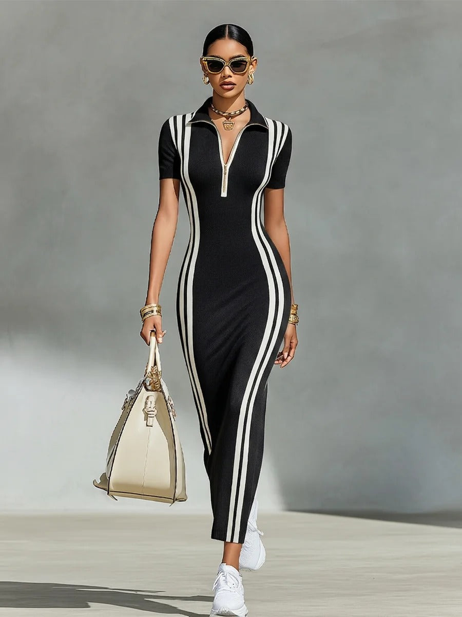 Women’s Gray Sporty Knit Collared V-Neck Short Sleeve Slim Midi Dress