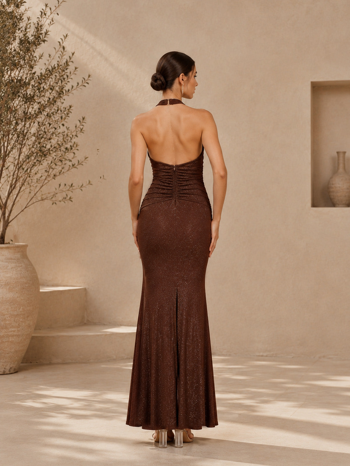 Women’s Brown Elegant Stretch Halter Neck Sleeveless Slim Maxi Dress