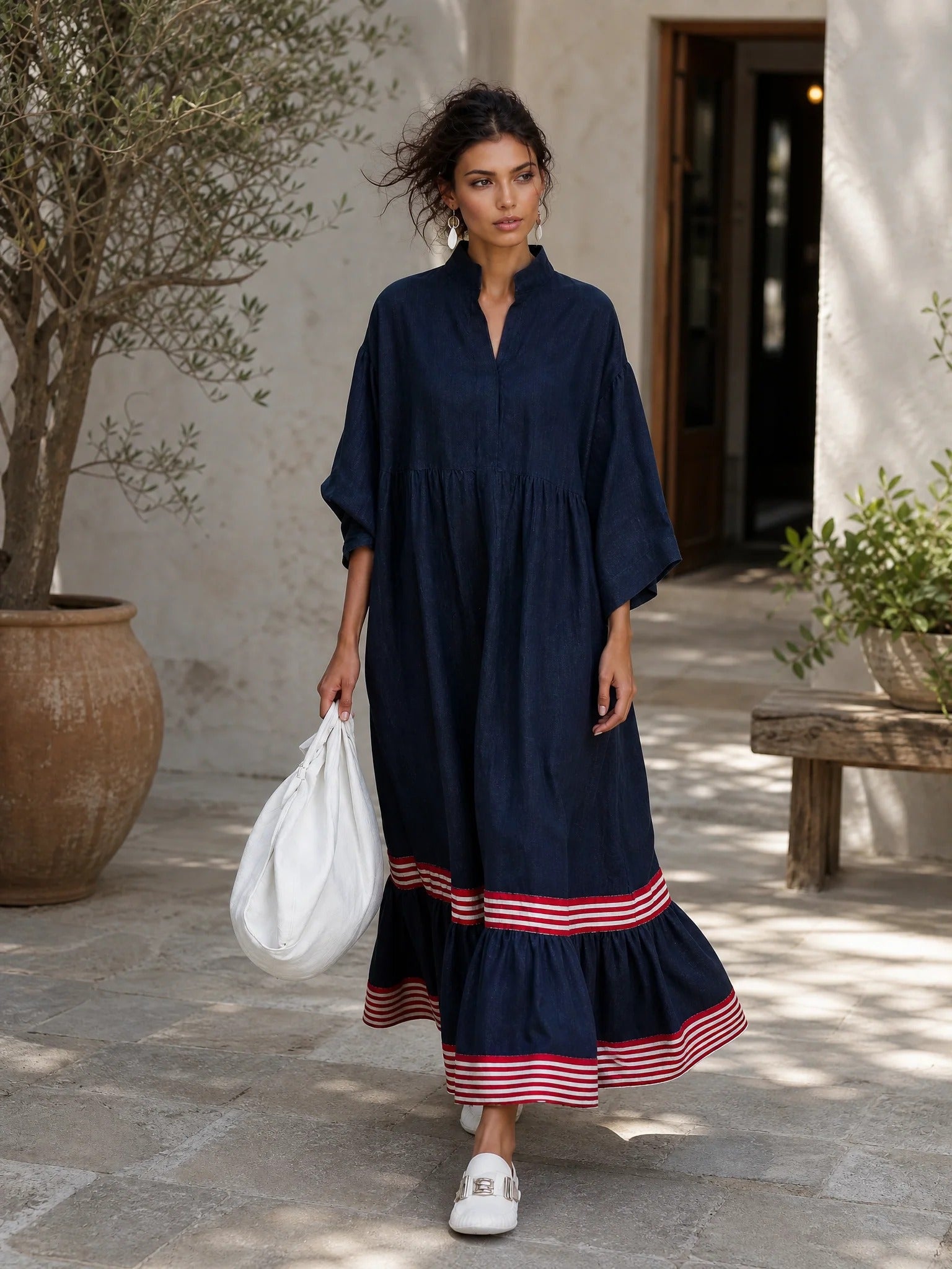 Women’s Navy Blue Linen-Blend Relaxed Stand Collar Striped Hem Maxi Dress With Striped Hem Panel