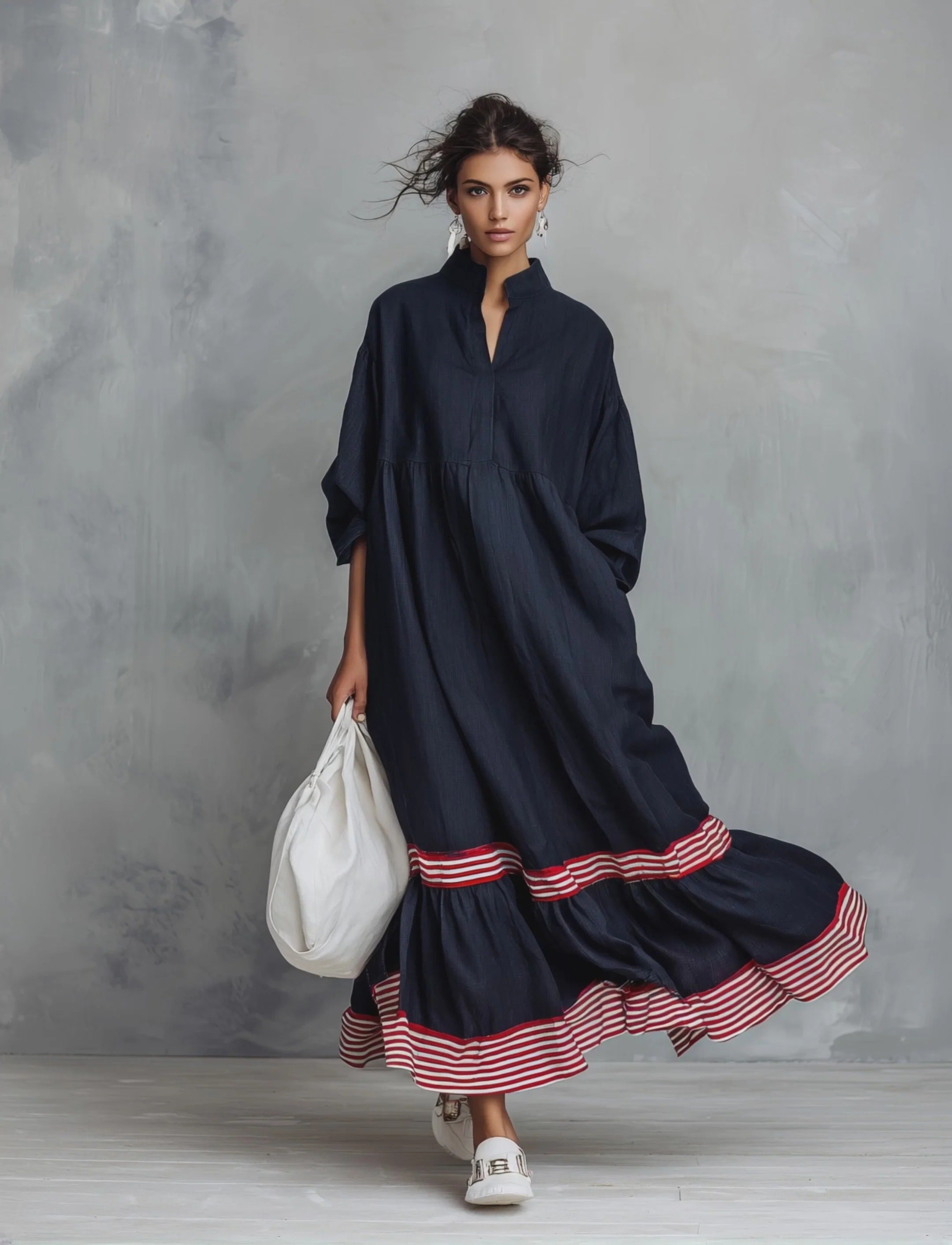 Women’s Navy Blue Linen-Blend Relaxed Stand Collar Striped Hem Maxi Dress With Striped Hem Panel