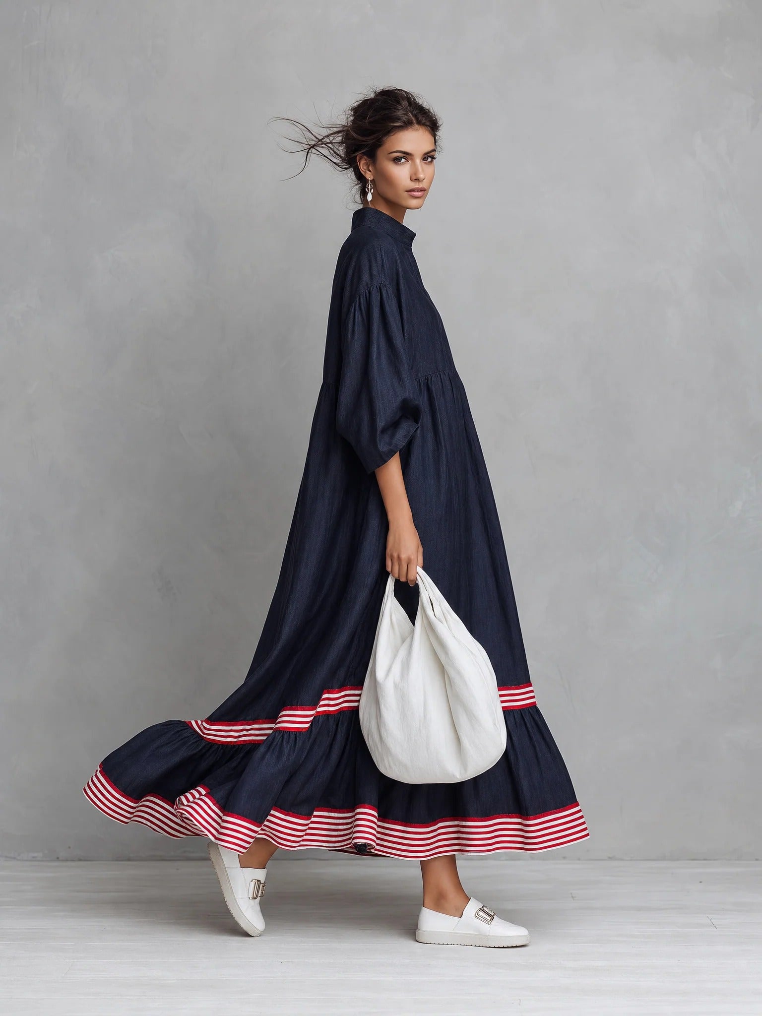 Women’s Navy Blue Linen-Blend Relaxed Stand Collar Striped Hem Maxi Dress With Striped Hem Panel