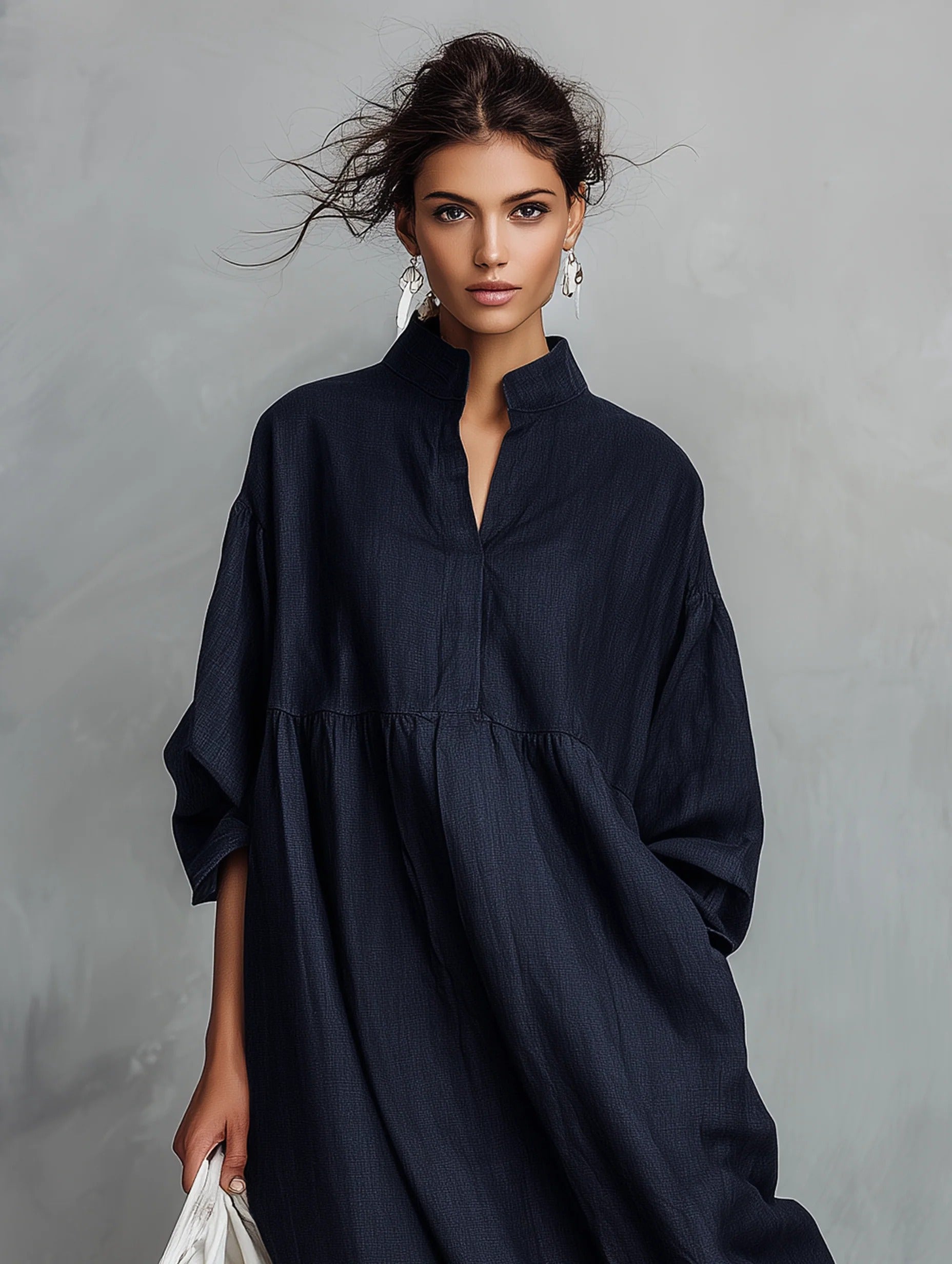 Women’s Navy Blue Linen-Blend Relaxed Stand Collar Striped Hem Maxi Dress With Striped Hem Panel