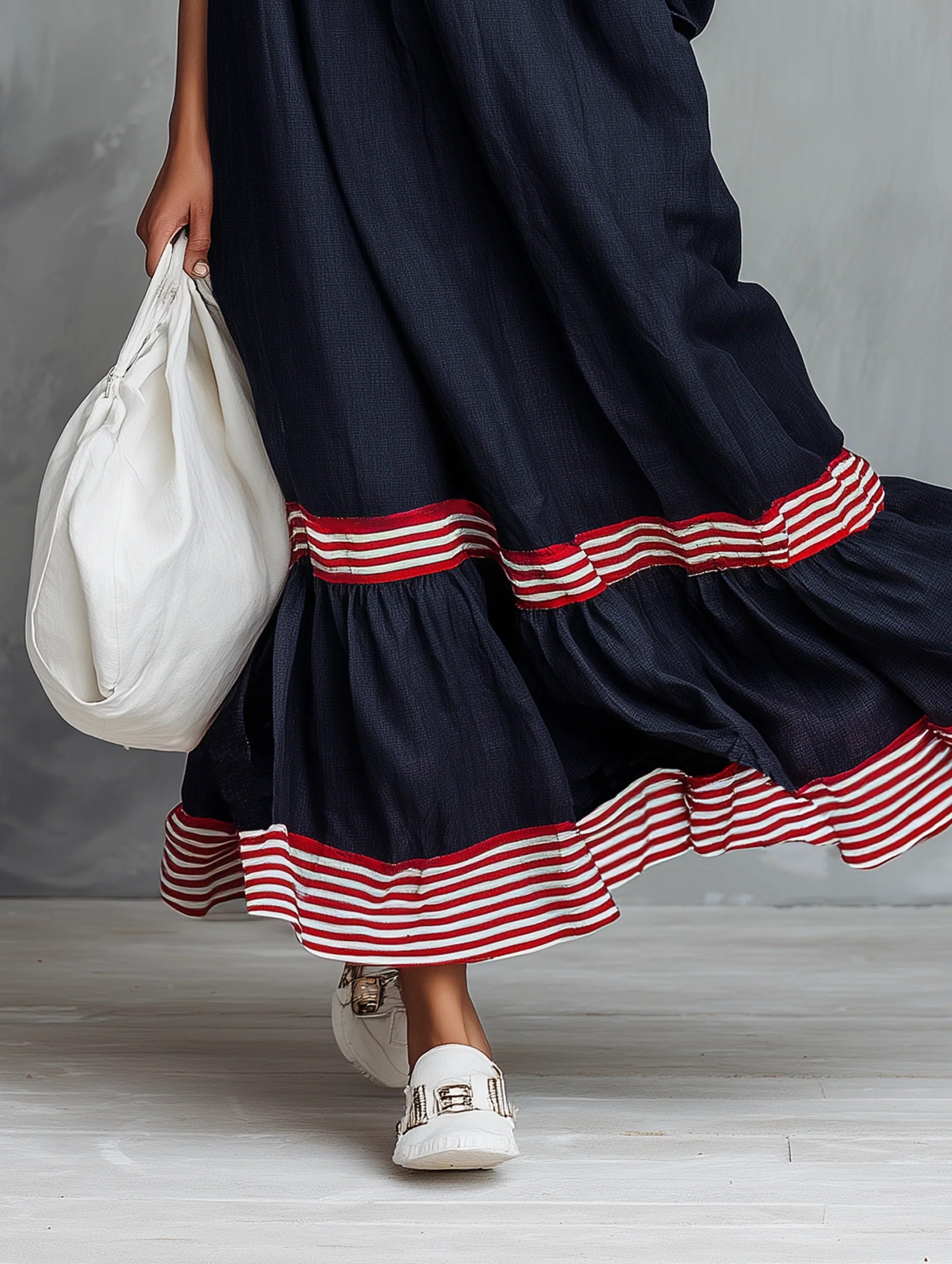 Women’s Navy Blue Linen-Blend Relaxed Stand Collar Striped Hem Maxi Dress With Striped Hem Panel