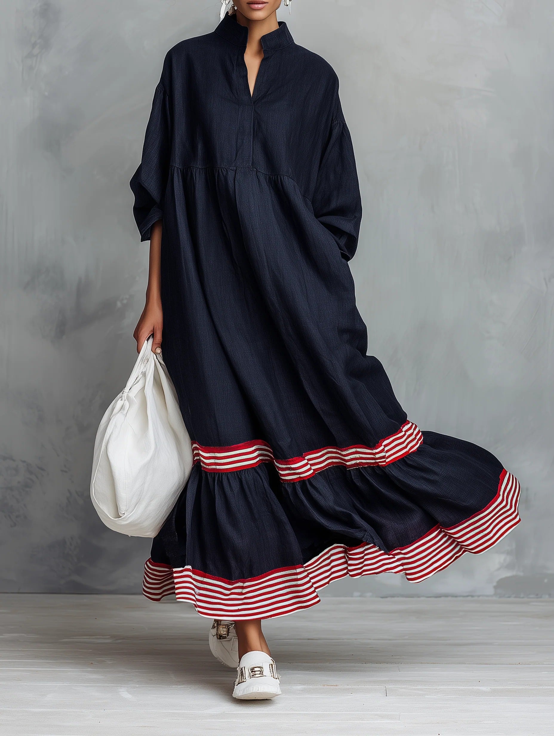 Women’s Navy Blue Linen-Blend Relaxed Stand Collar Striped Hem Maxi Dress With Striped Hem Panel