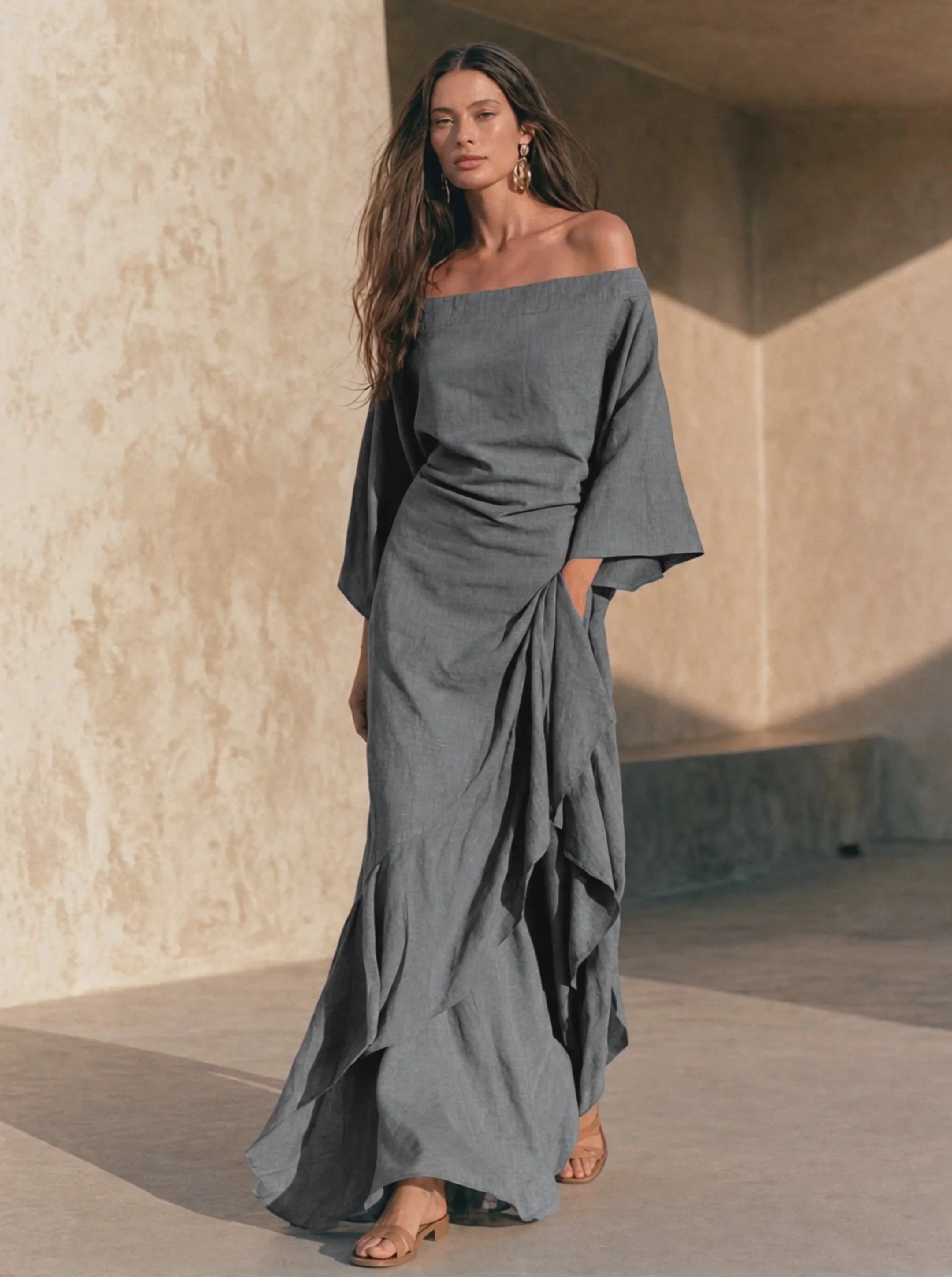 Women’s Gray Linen Blend Off Shoulder Ruched Maxi Dress with Ruched Waist Detail