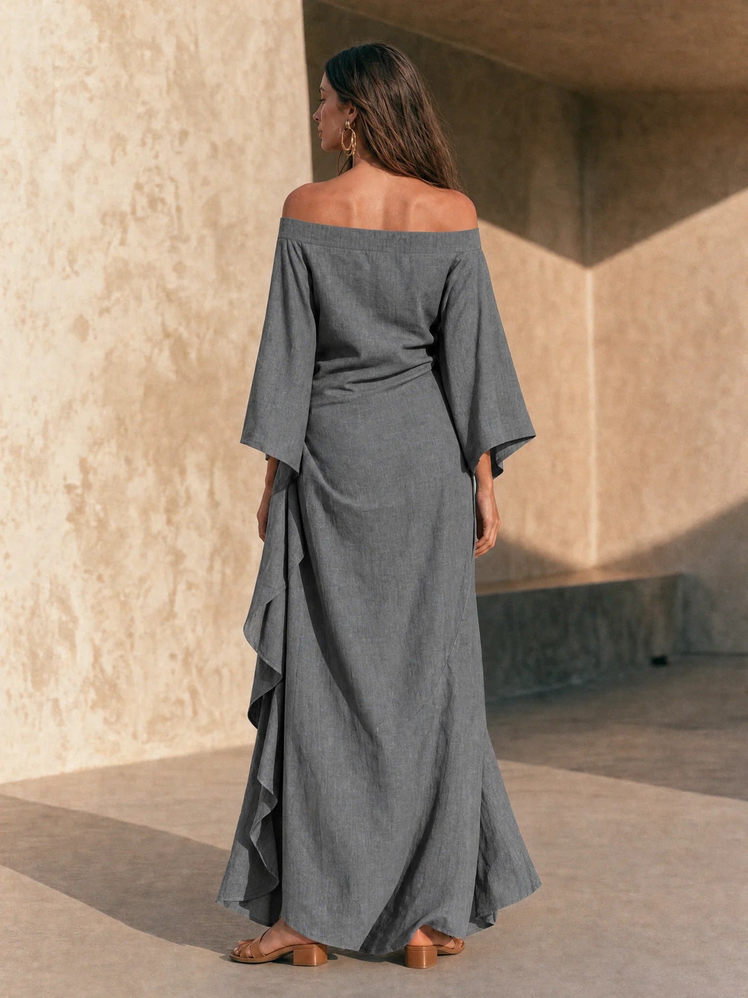 Women’s Gray Linen Blend Off Shoulder Ruched Maxi Dress with Ruched Waist Detail