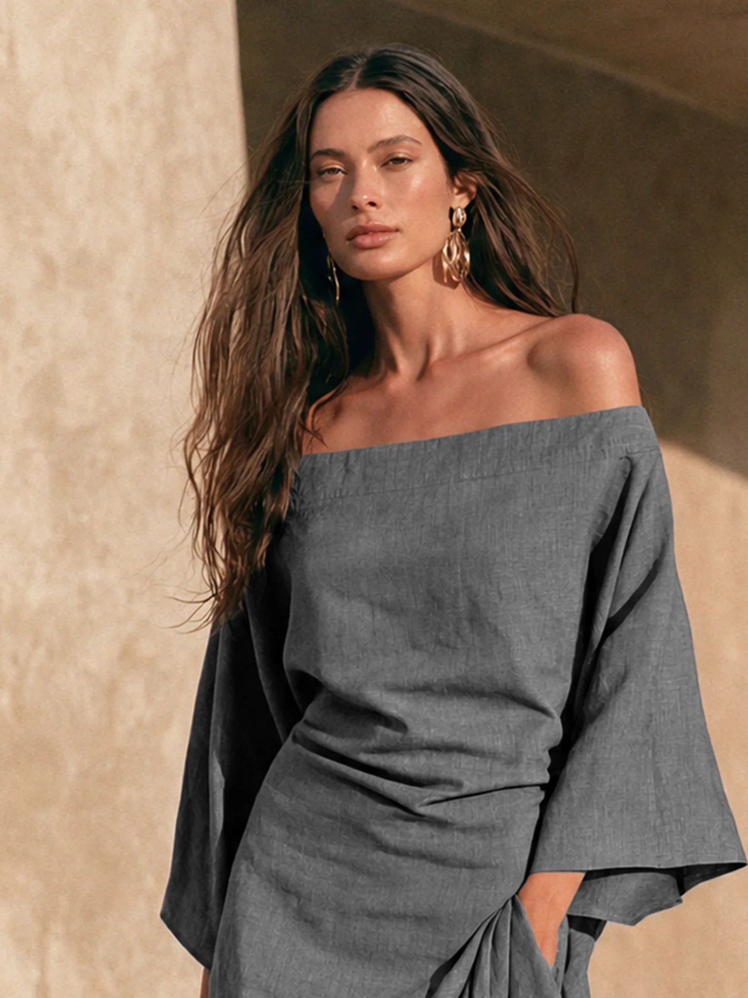 Women’s Gray Linen Blend Off Shoulder Ruched Maxi Dress with Ruched Waist Detail