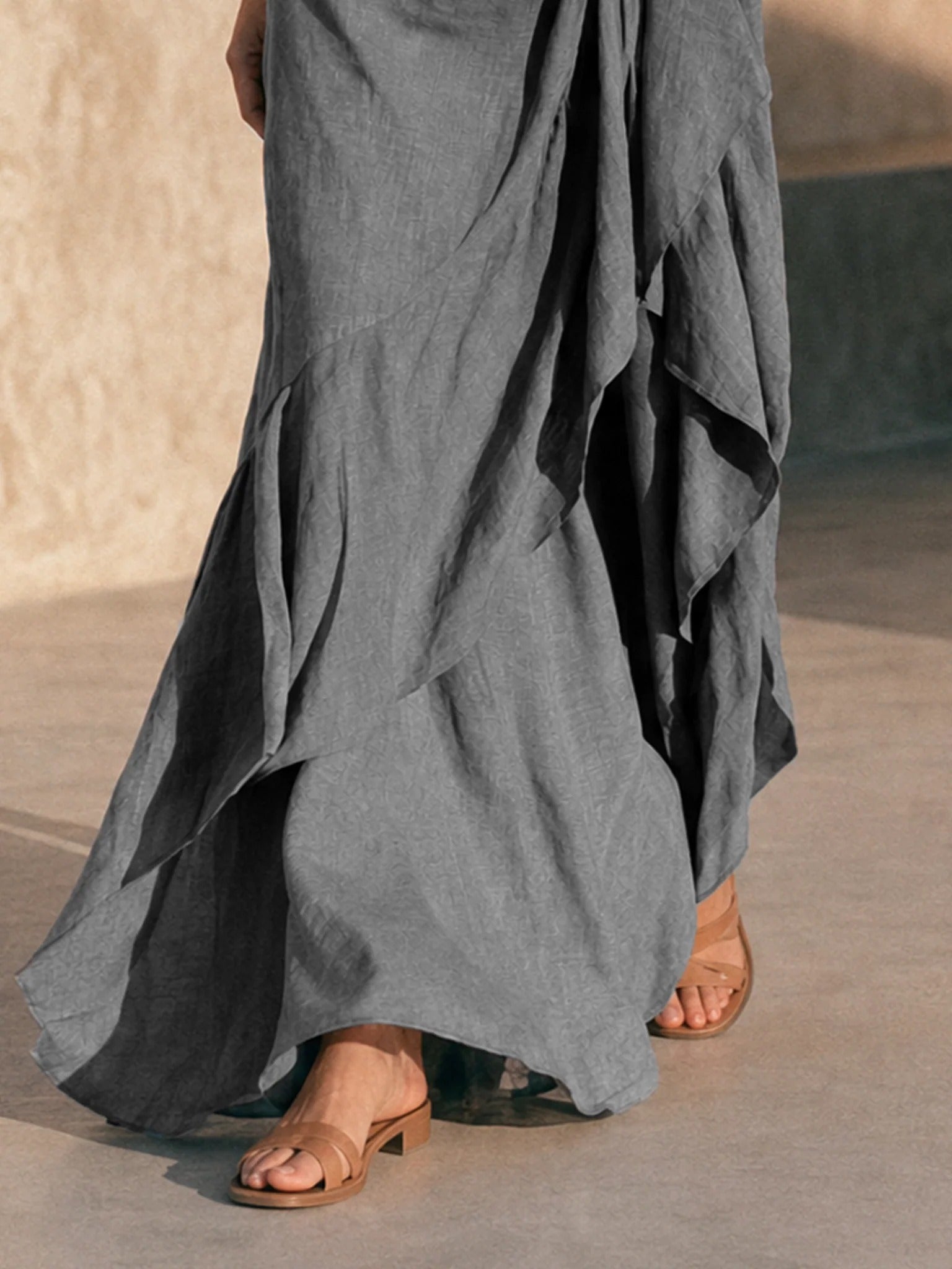 Women’s Gray Linen Blend Off Shoulder Ruched Maxi Dress with Ruched Waist Detail