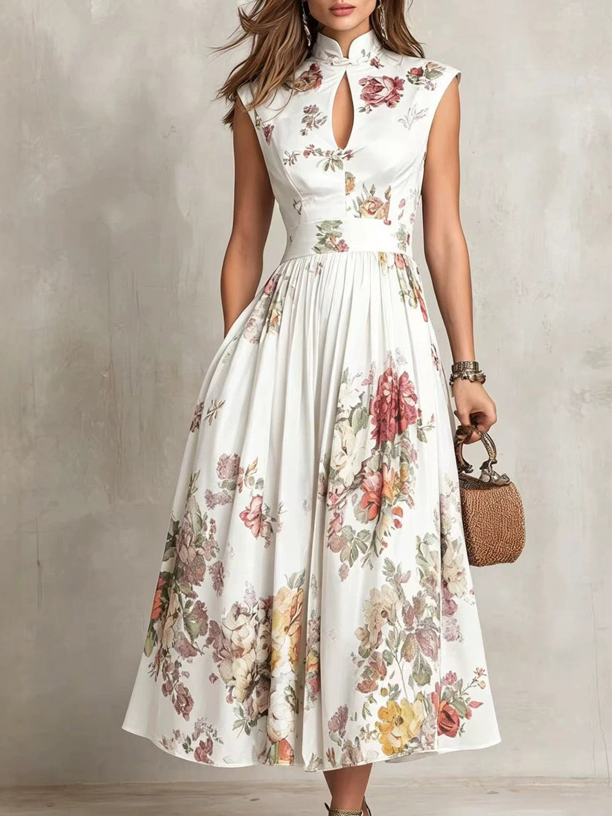 Women’s White Romantic Floral Print Satin Stand Collar Sleeveless Pleated A-Line Maxi Dresskirt