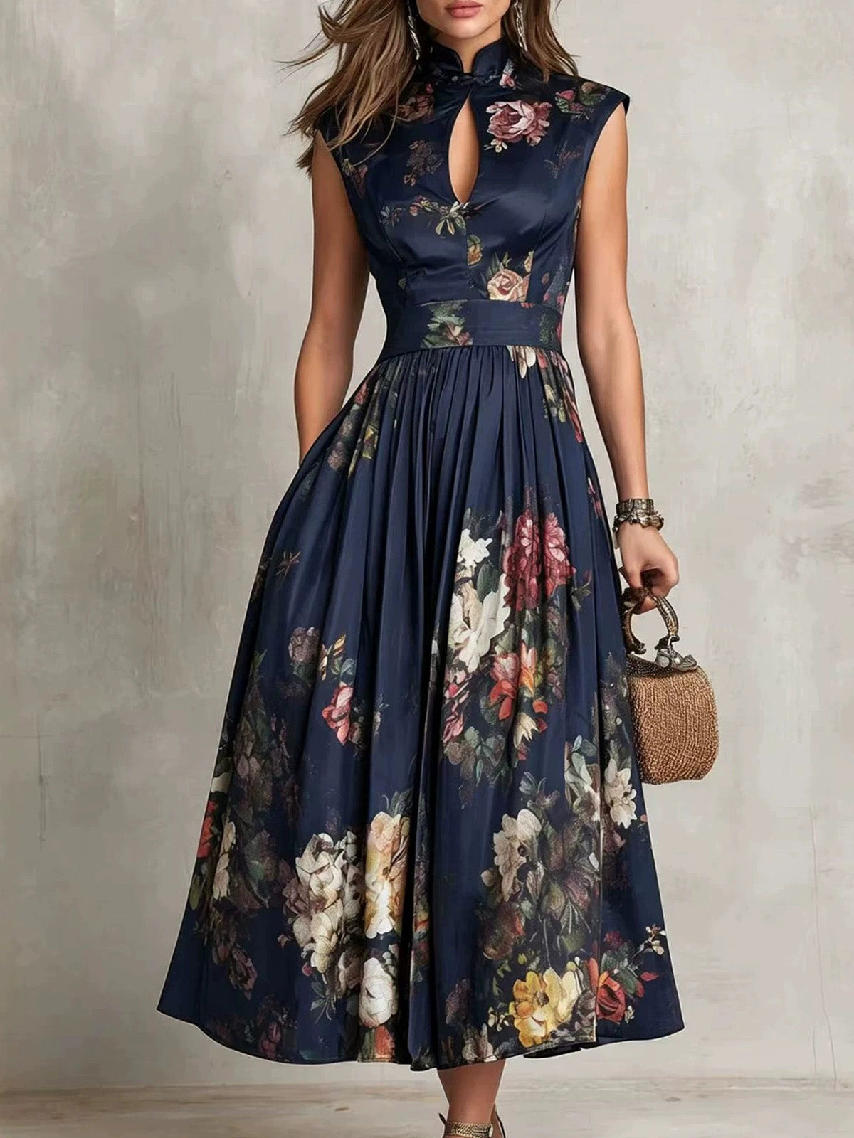 Women’s White Romantic Floral Print Satin Stand Collar Sleeveless Pleated A-Line Maxi Dresskirt