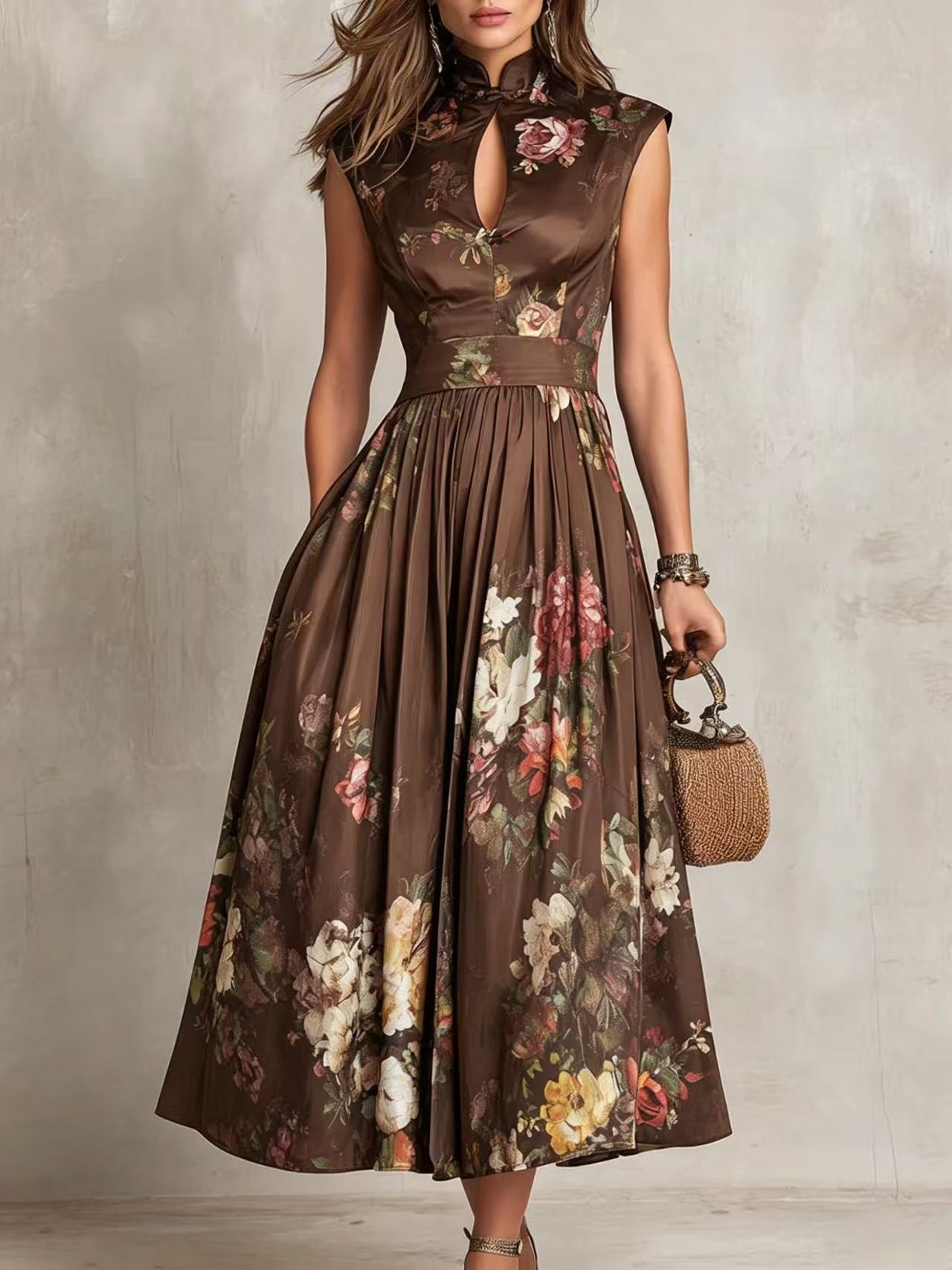 Women’s White Romantic Floral Print Satin Stand Collar Sleeveless Pleated A-Line Maxi Dresskirt