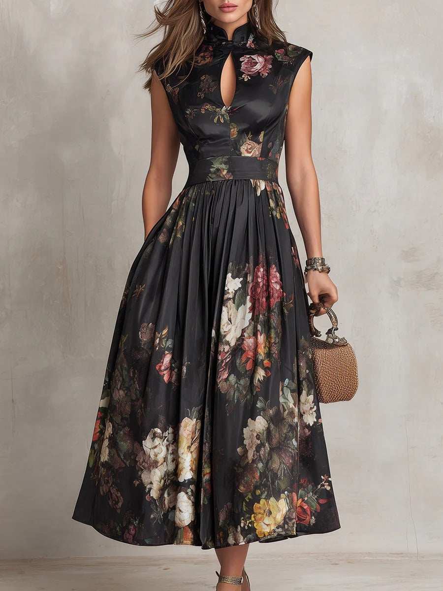 Women’s White Romantic Floral Print Satin Stand Collar Sleeveless Pleated A-Line Maxi Dresskirt