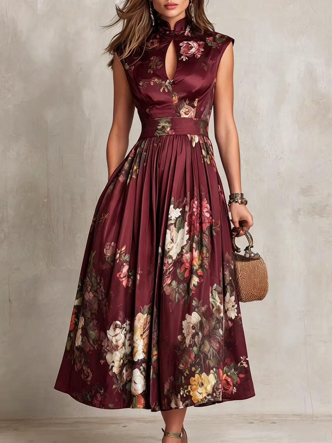 Women’s White Romantic Floral Print Satin Stand Collar Sleeveless Pleated A-Line Maxi Dresskirt