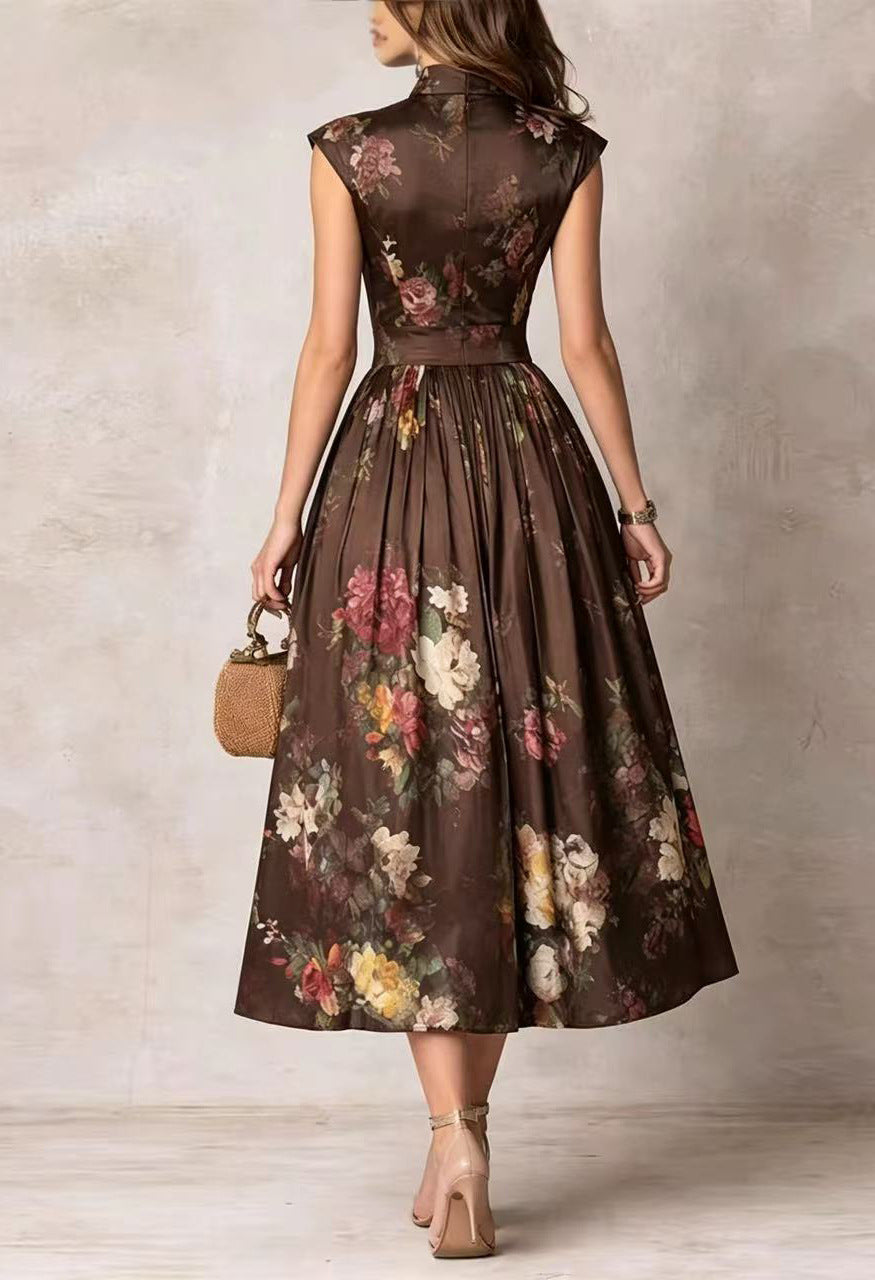 Women’s White Romantic Floral Print Satin Stand Collar Sleeveless Pleated A-Line Maxi Dresskirt
