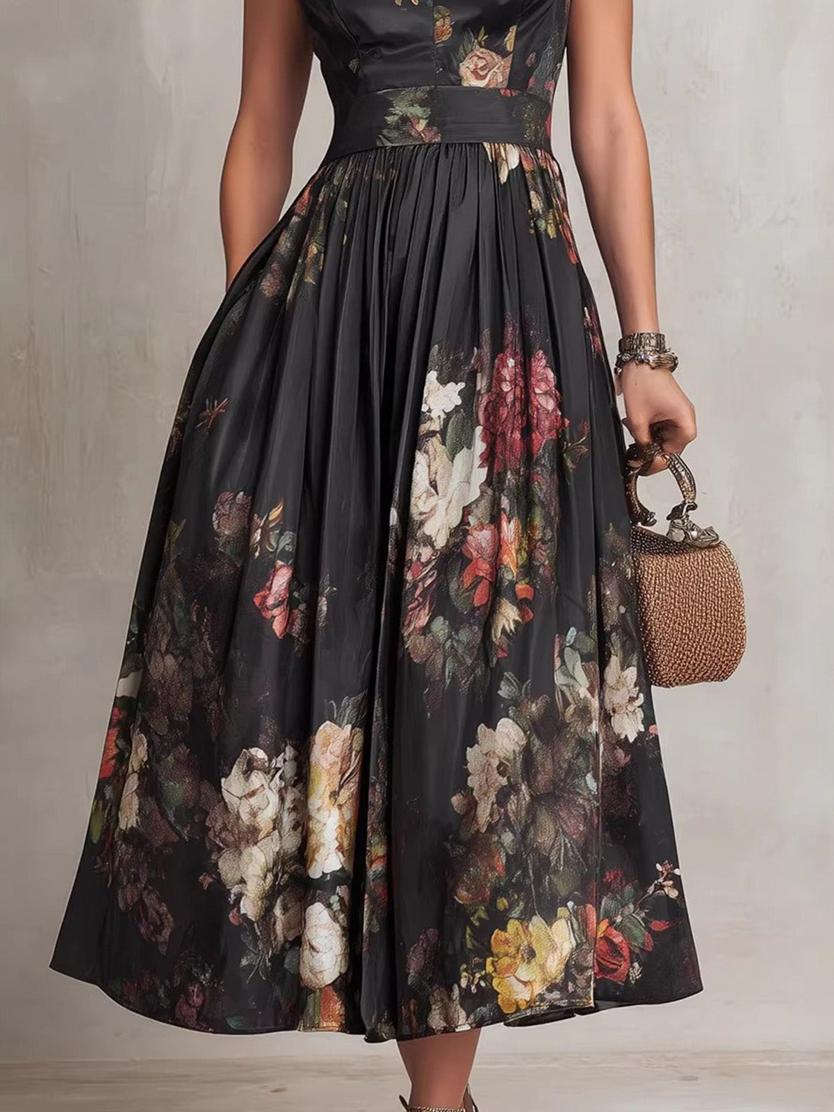 Women’s White Romantic Floral Print Satin Stand Collar Sleeveless Pleated A-Line Maxi Dresskirt