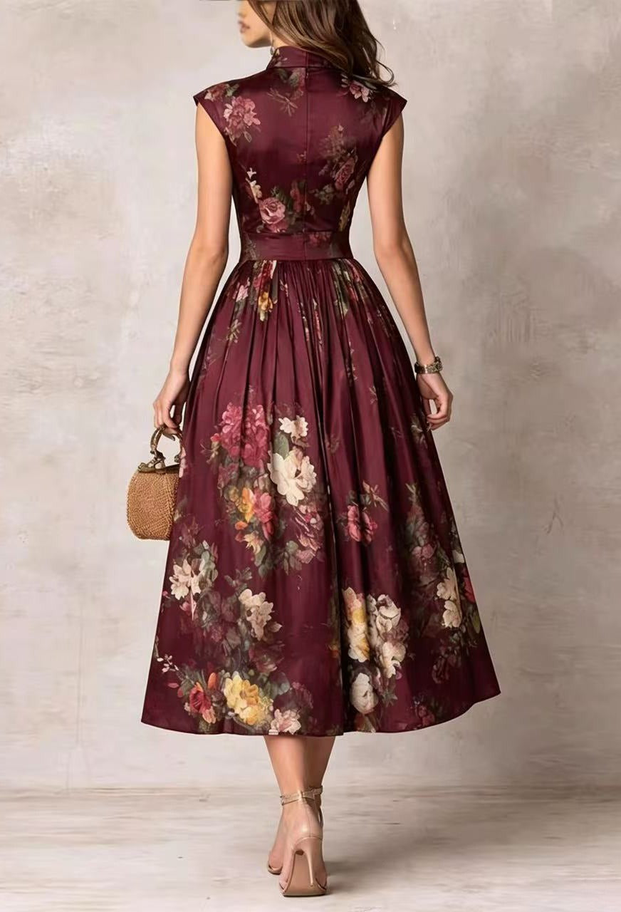 Women’s White Romantic Floral Print Satin Stand Collar Sleeveless Pleated A-Line Maxi Dresskirt