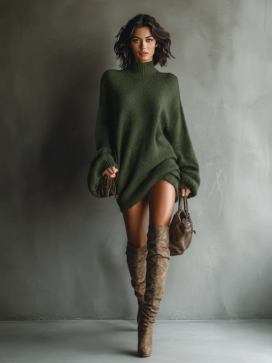 Women’s Beige Sophisticated Knit High Neck Long Sleeve Oversized Mini Dress