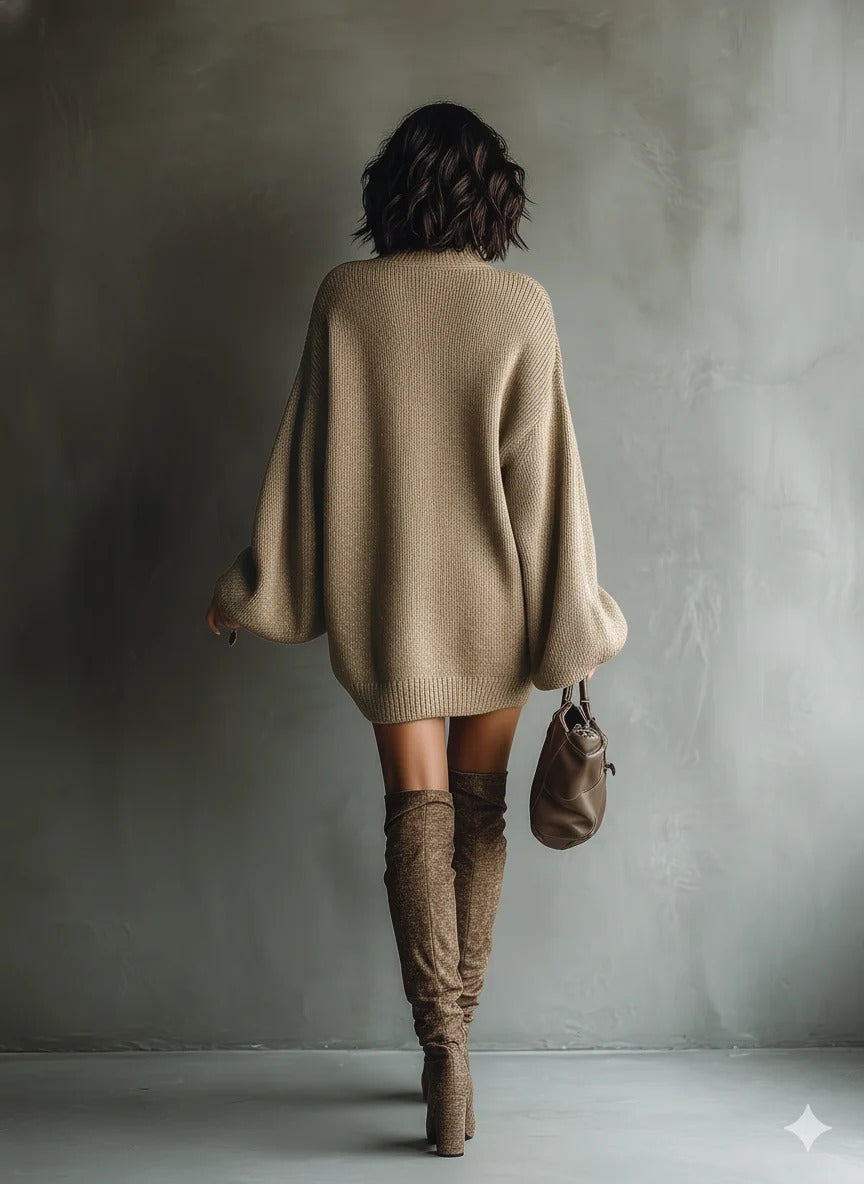 Women’s Beige Sophisticated Knit High Neck Long Sleeve Oversized Mini Dress