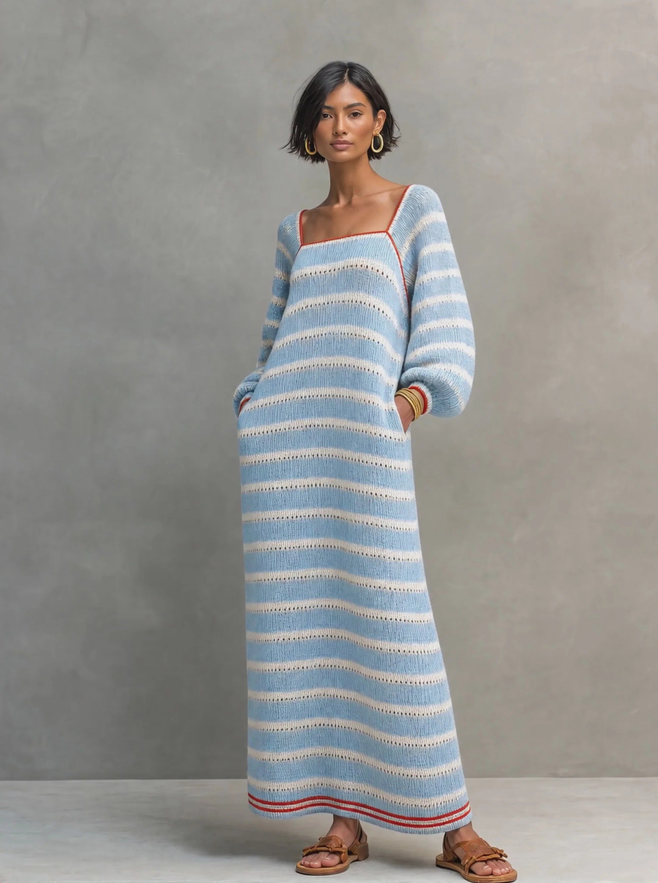 Women’s Blue Romantic Knit Square Neck Long Sleeve A-Line Maxi Dress with Striped Detail
