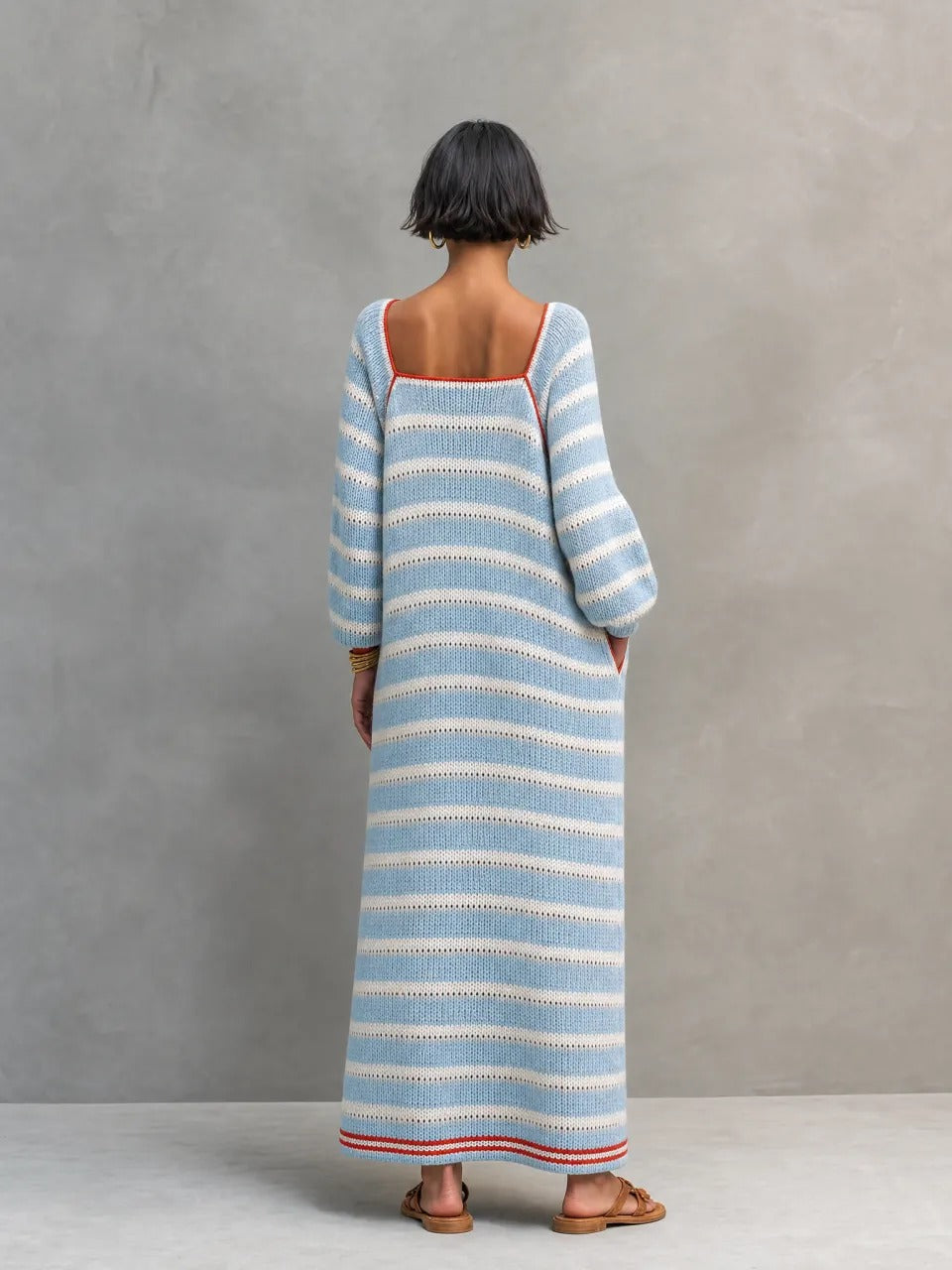 Women’s Blue Romantic Knit Square Neck Long Sleeve A-Line Maxi Dress with Striped Detail