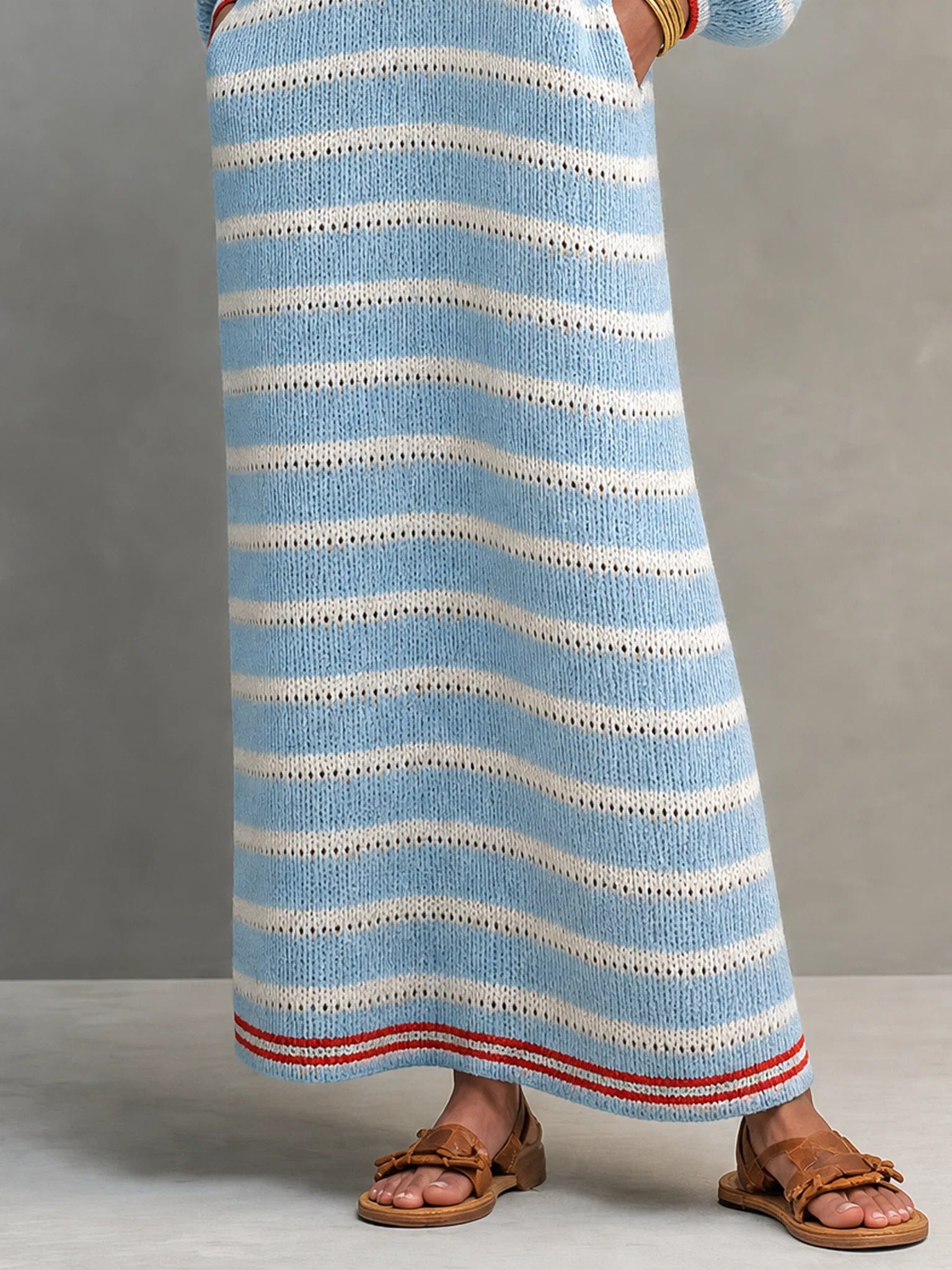 Women’s Blue Romantic Knit Square Neck Long Sleeve A-Line Maxi Dress with Striped Detail
