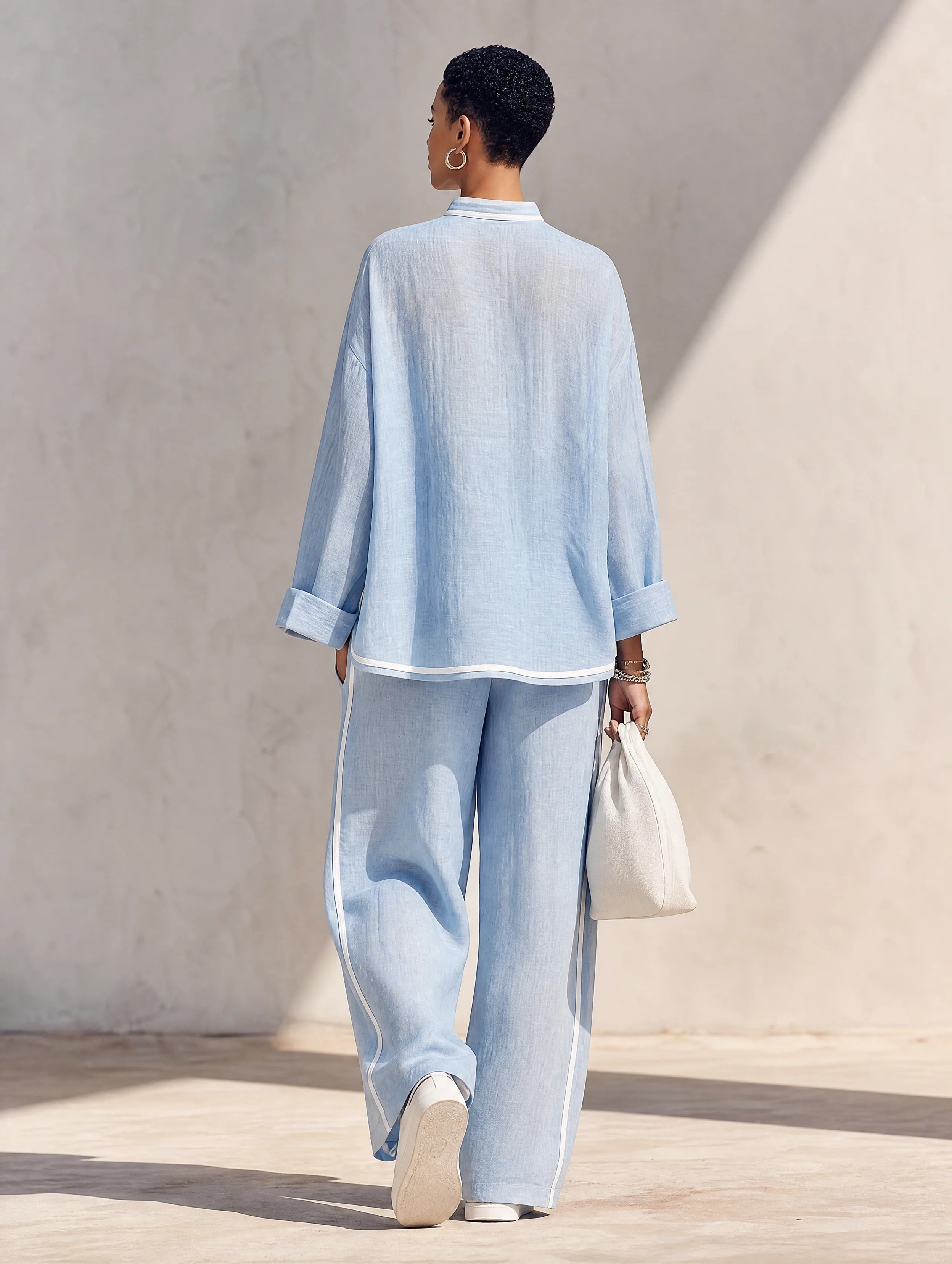 Women’s Light Blue Linen Stand Collar Zip Front Wide Leg Pants Set