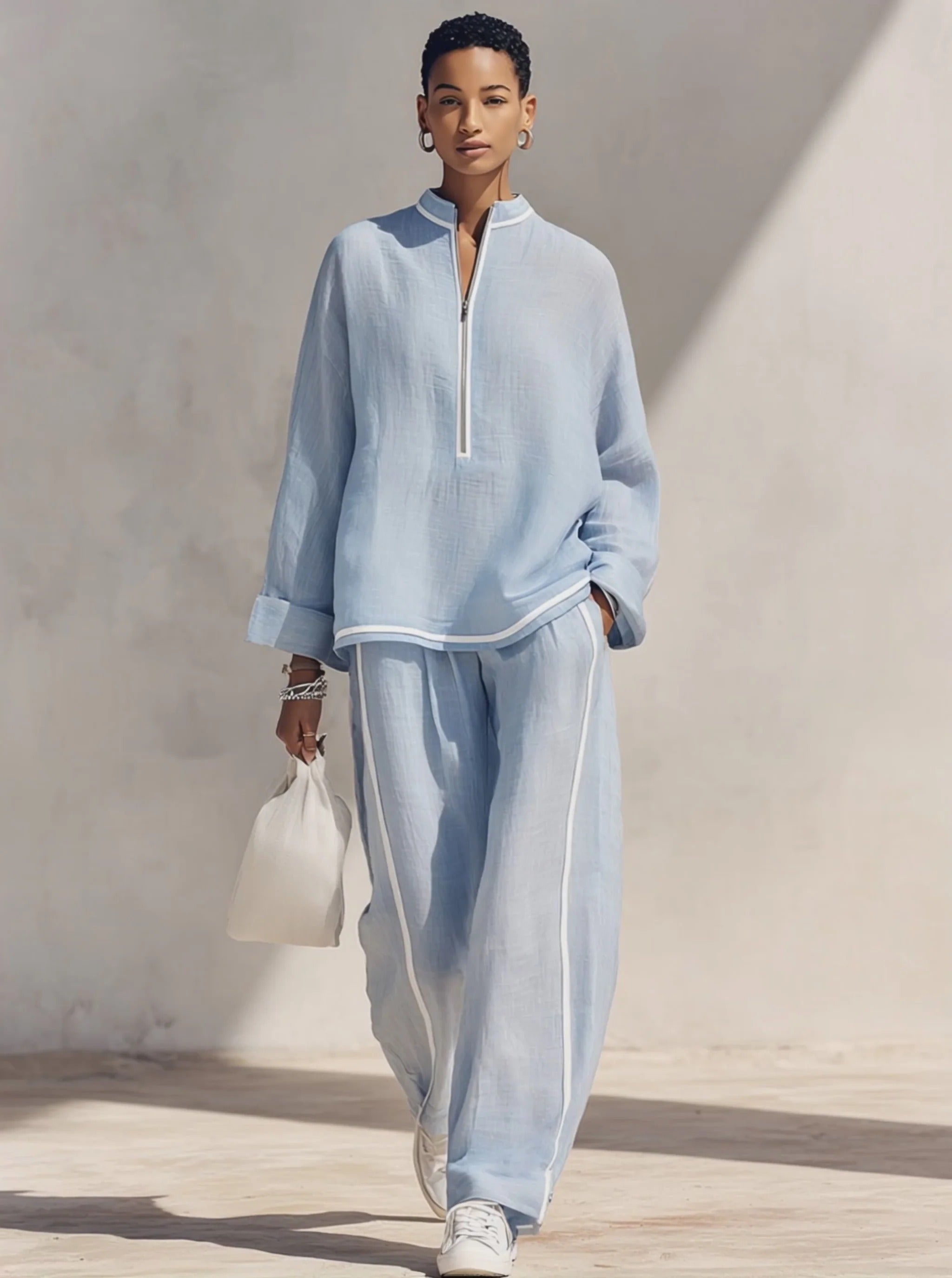 Women’s Light Blue Linen Stand Collar Zip Front Wide Leg Pants Set