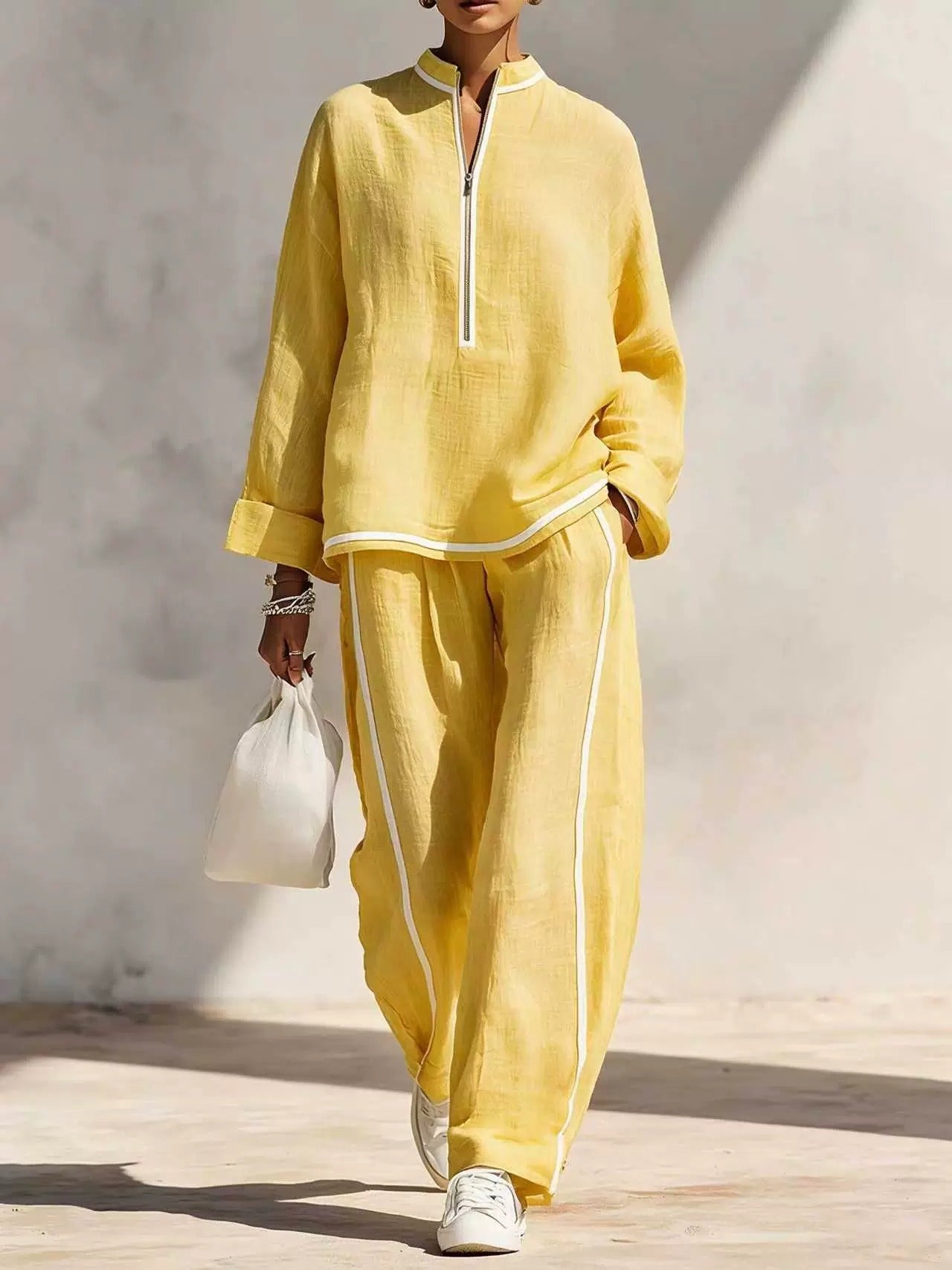 Women’s Light Blue Linen Stand Collar Zip Front Wide Leg Pants Set