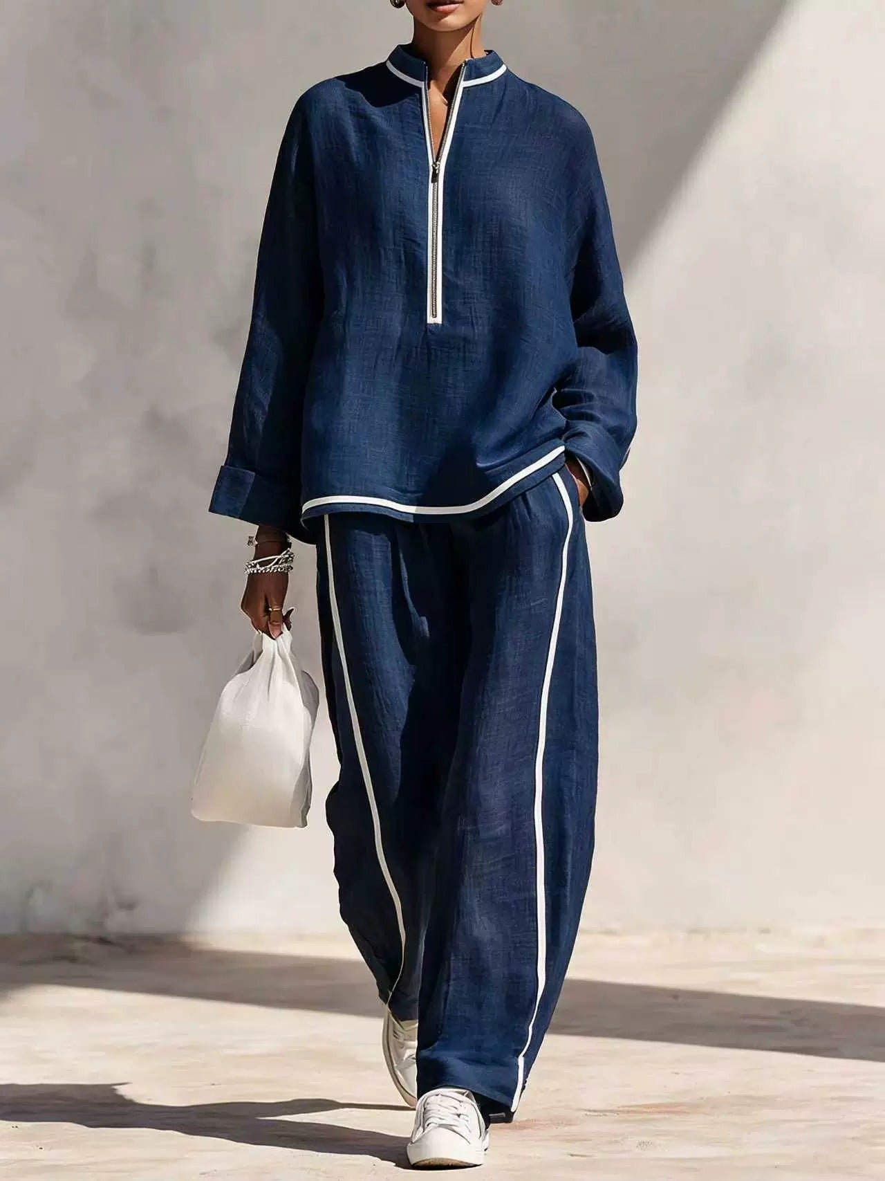 Women’s Light Blue Linen Stand Collar Zip Front Wide Leg Pants Set