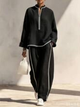 Women’s Light Blue Linen Stand Collar Zip Front Wide Leg Pants Set