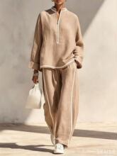 Women’s Light Blue Linen Stand Collar Zip Front Wide Leg Pants Set
