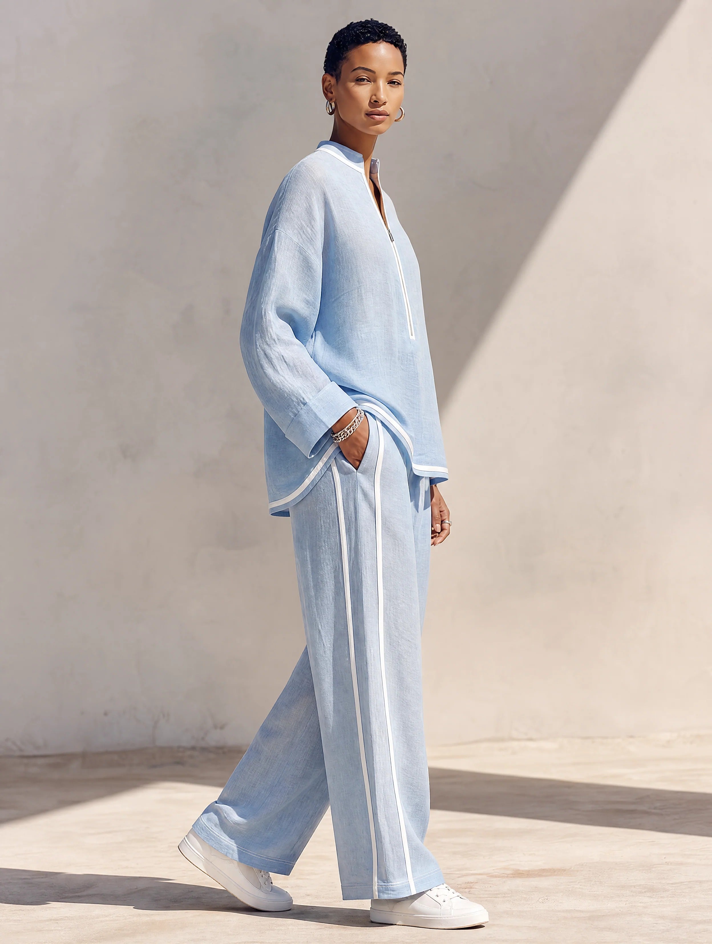 Women’s Light Blue Linen Stand Collar Zip Front Wide Leg Pants Set