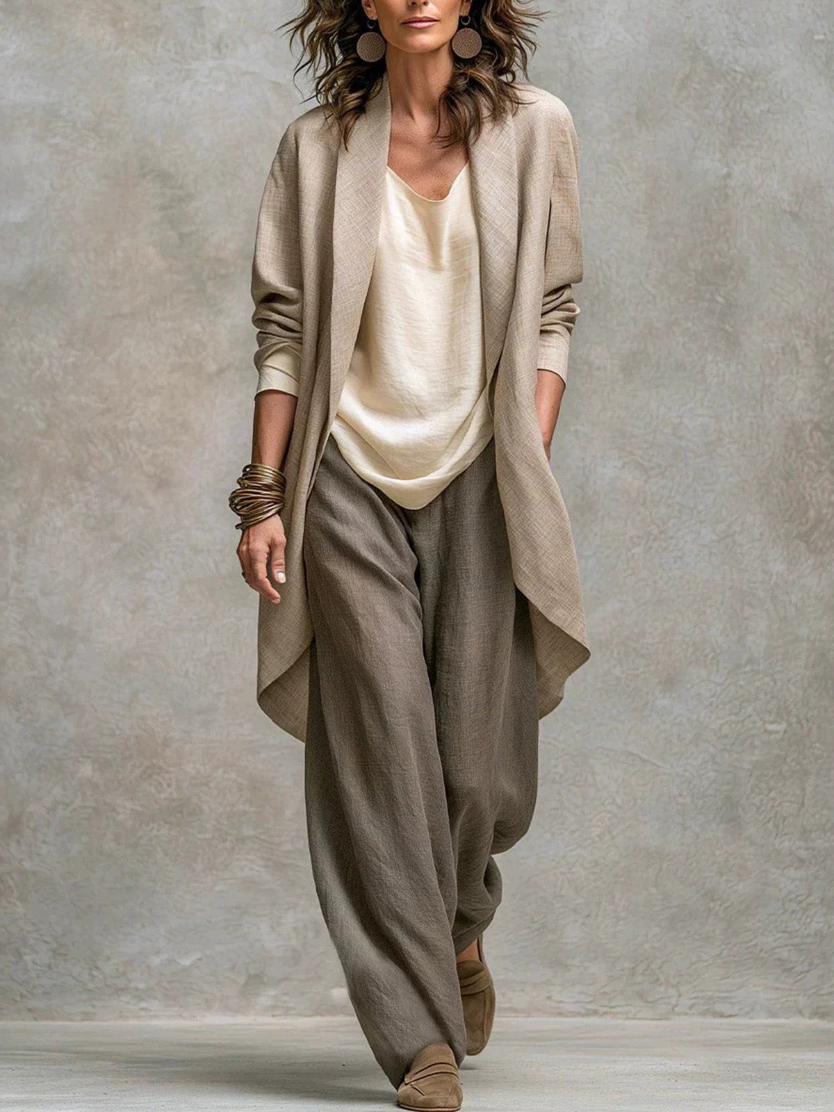 Women’s Beige Linen Blend Open Front Blazer and Wide Leg Pants Set