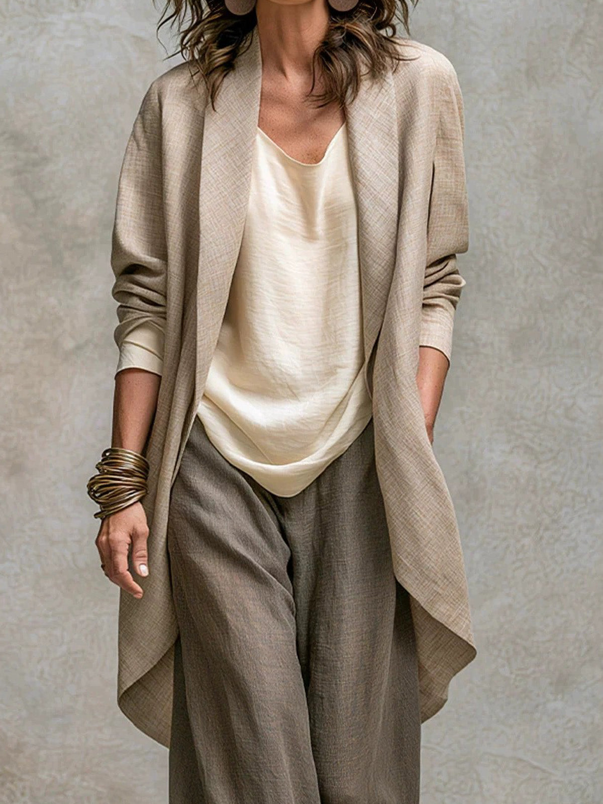 Women’s Beige Linen Blend Open Front Blazer and Wide Leg Pants Set