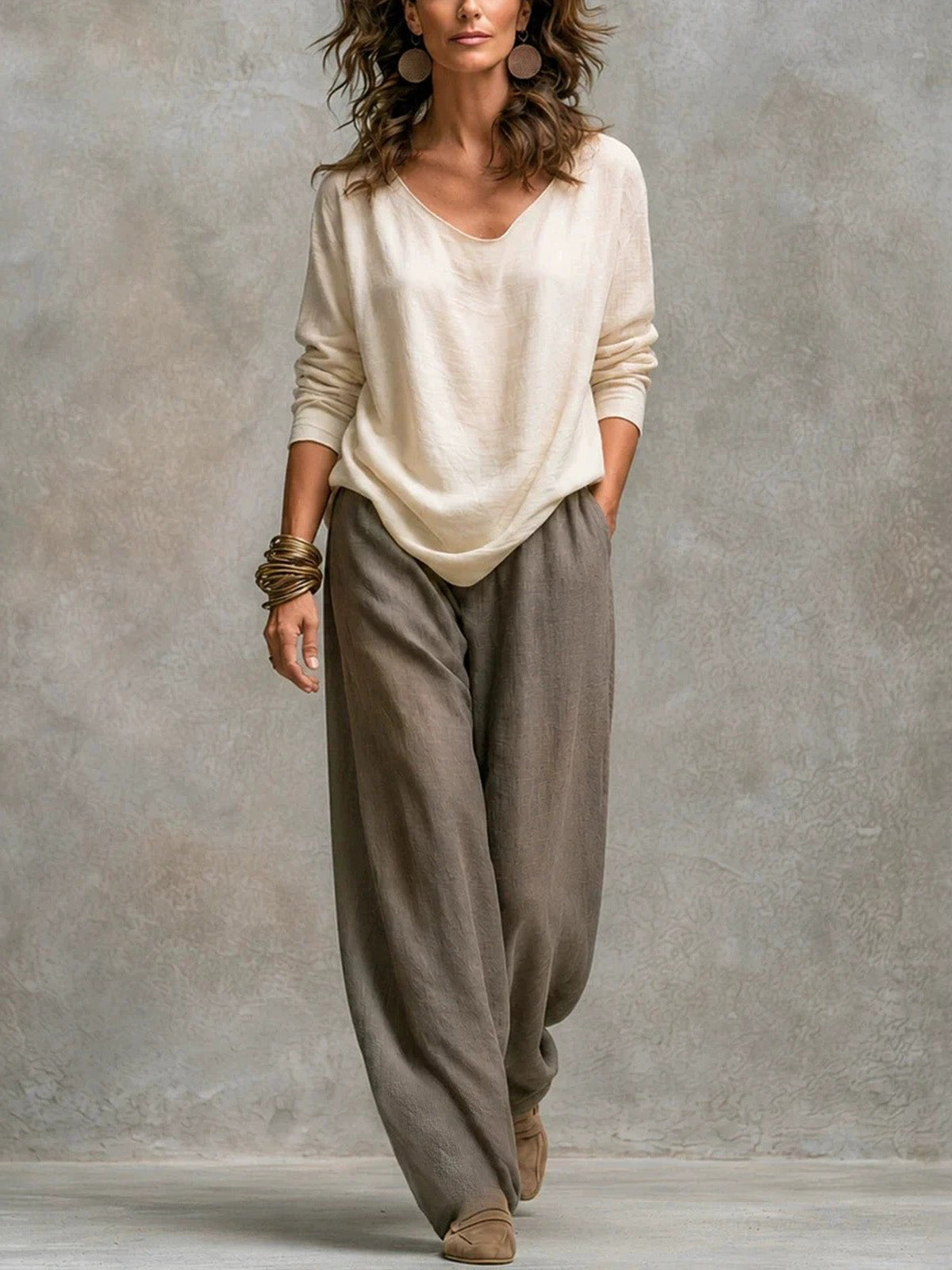 Women’s Beige Linen Blend Open Front Blazer and Wide Leg Pants Set