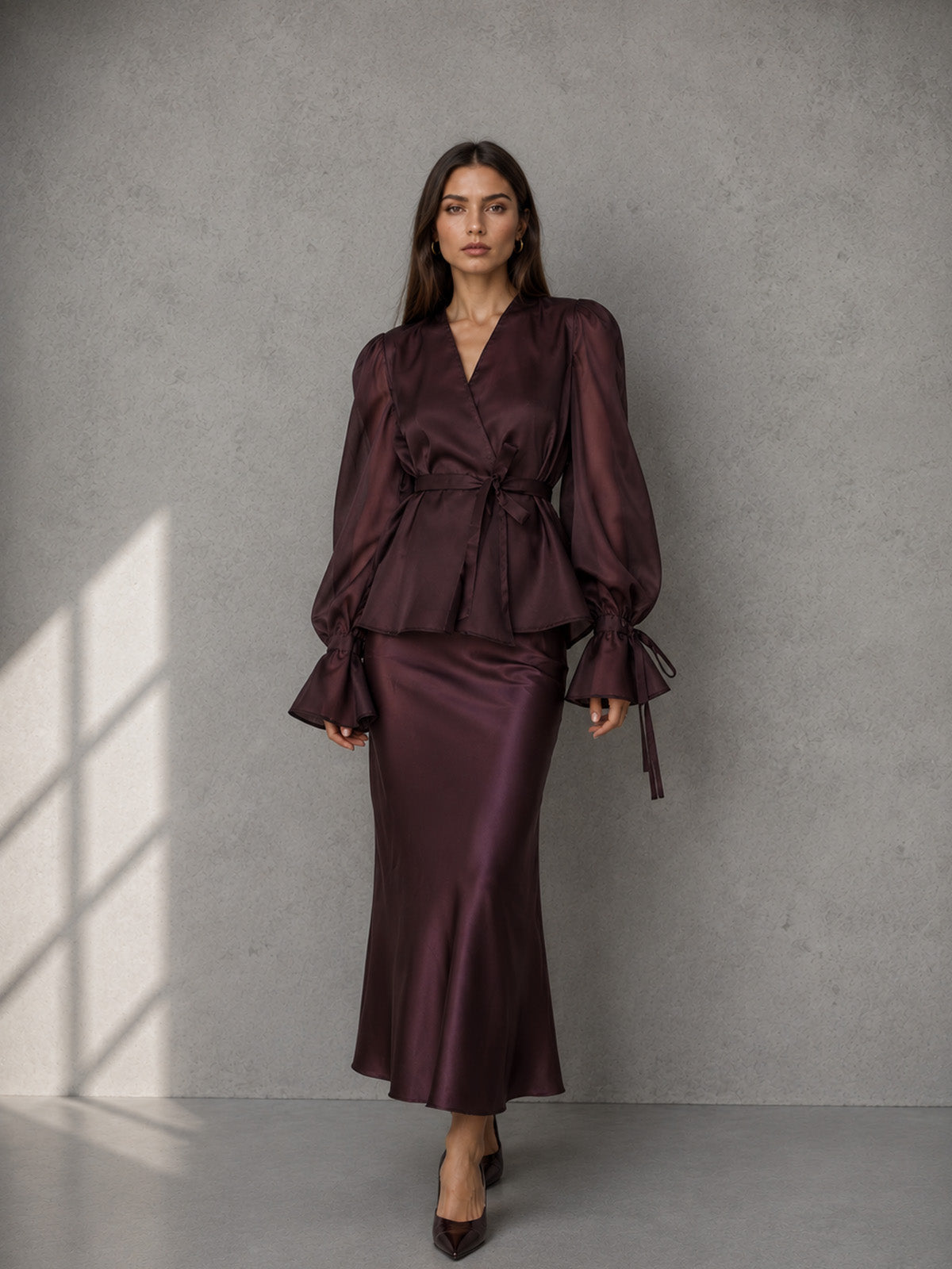 Women’s Burgundy Refined Satin V Neck Long Bell Sleeve Slim Fit Midi Skirt Set with Tie Waist Detail