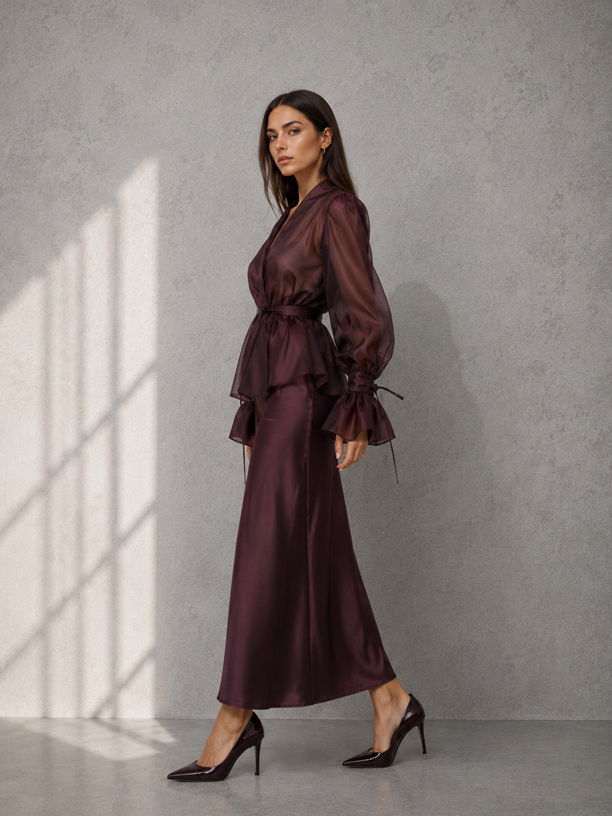 Women’s Burgundy Refined Satin V Neck Long Bell Sleeve Slim Fit Midi Skirt Set with Tie Waist Detail