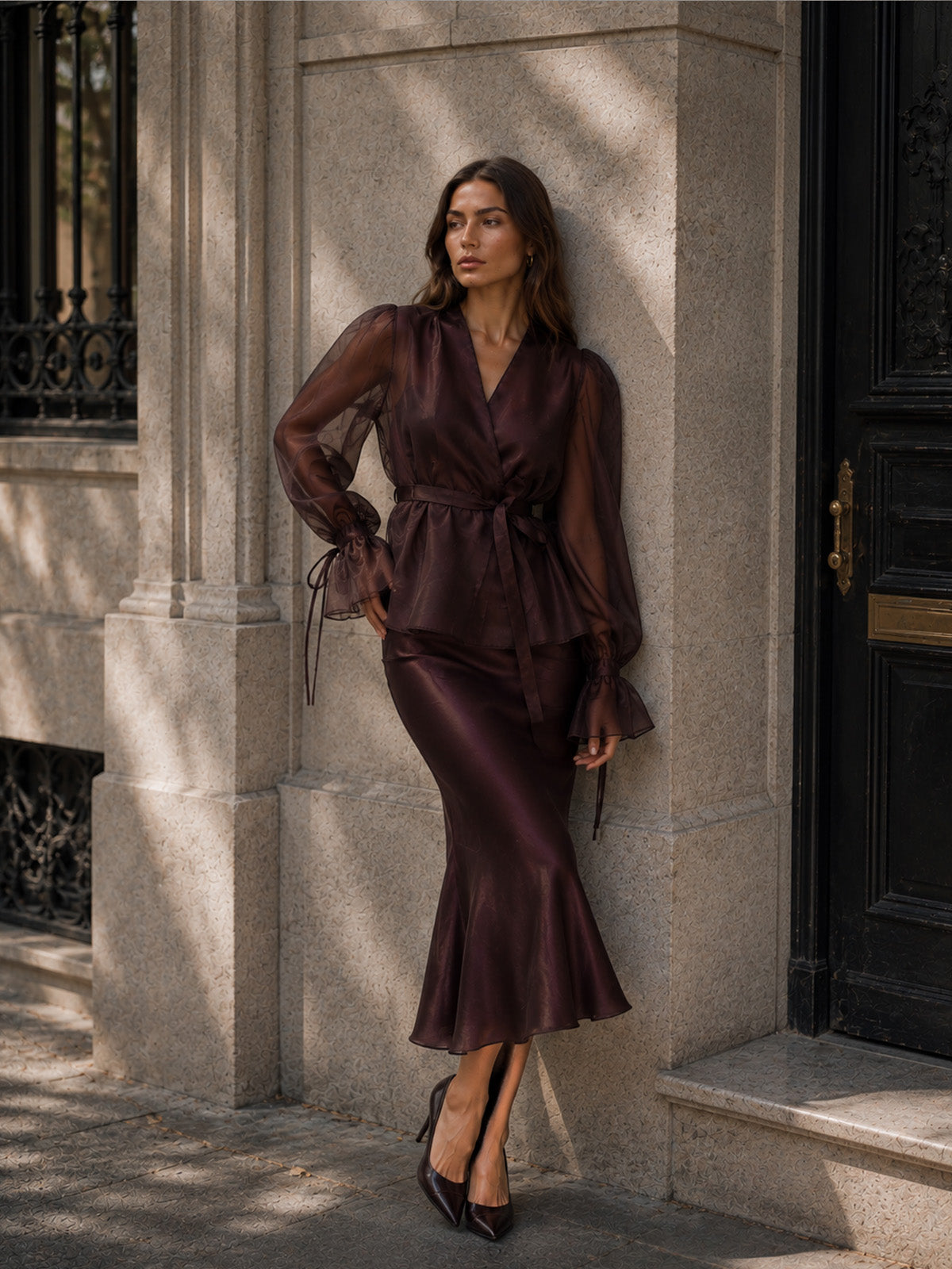Women’s Burgundy Refined Satin V Neck Long Bell Sleeve Slim Fit Midi Skirt Set with Tie Waist Detail