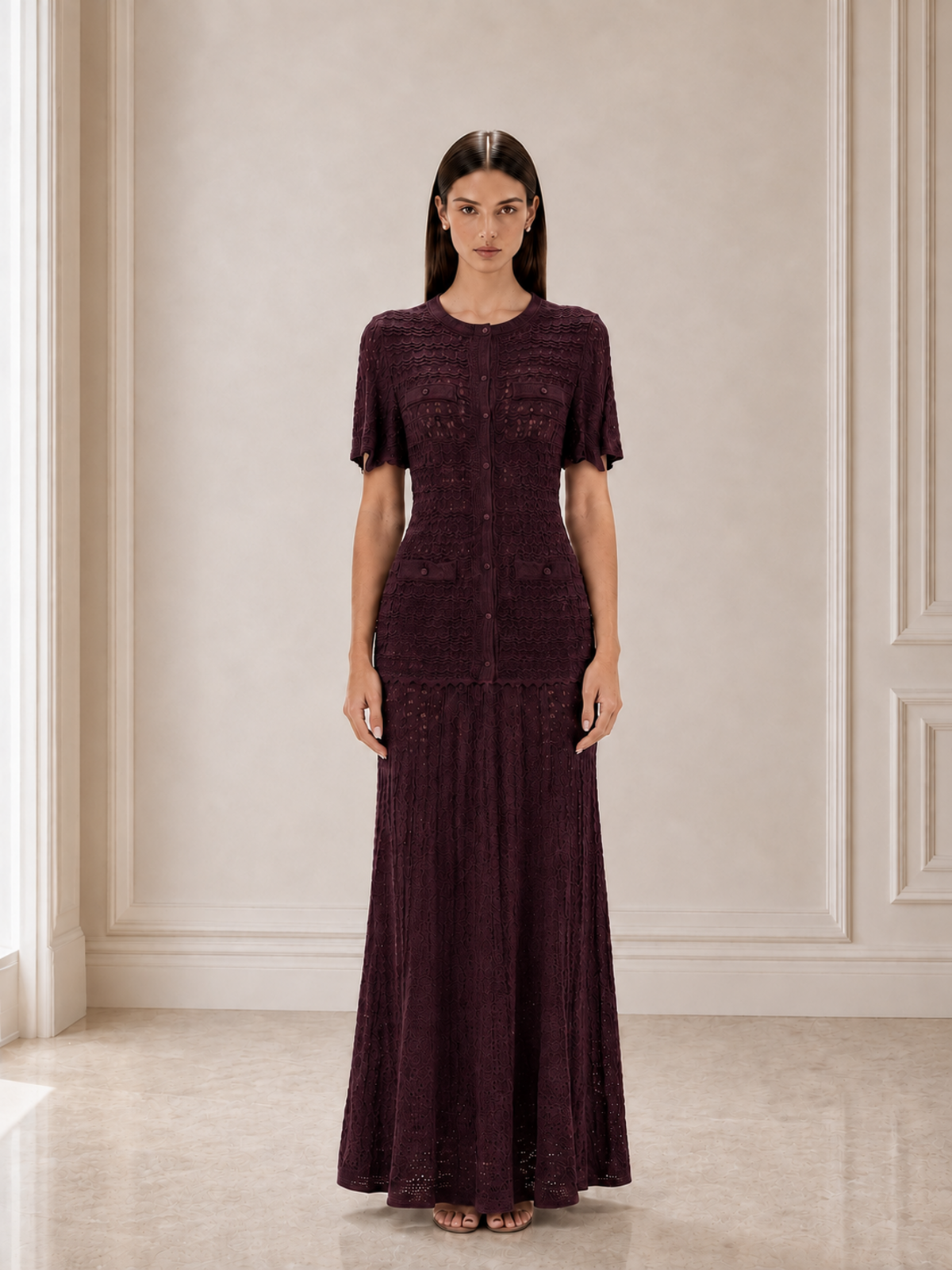 Women’s Refined Crochet Knit Round Neck Short Sleeve A-Line Maxi Dress with Button Detail