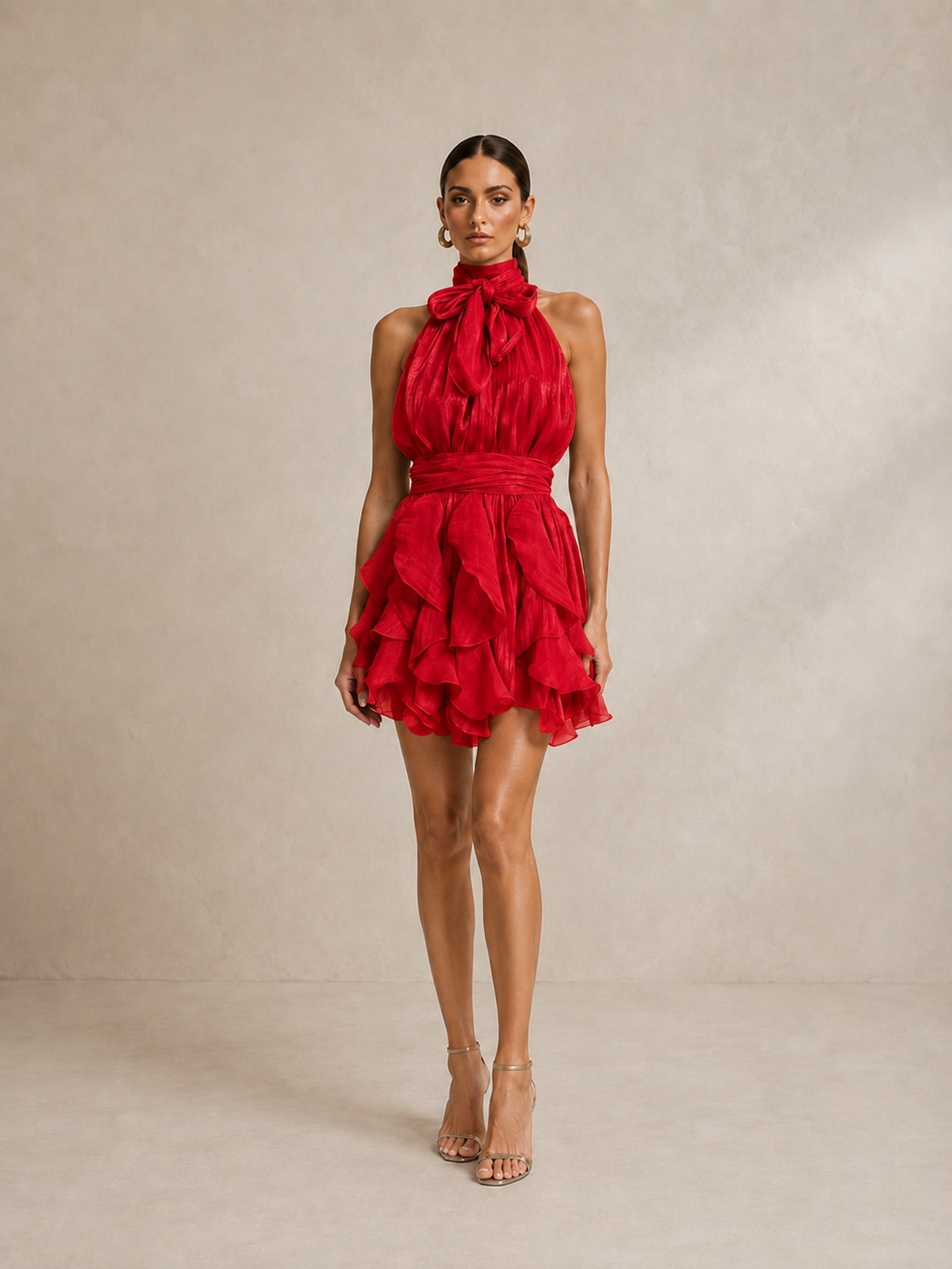 Women’s Glamorous Satin High Neck Sleeveless A-Line Mini Dress with Bow Ruffle Detail