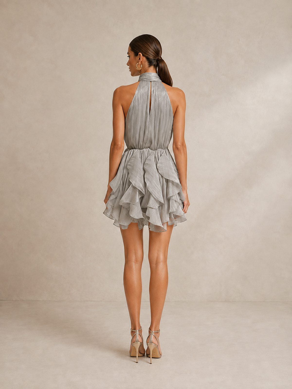 Women’s Glamorous Satin High Neck Sleeveless A-Line Mini Dress with Bow Ruffle Detail