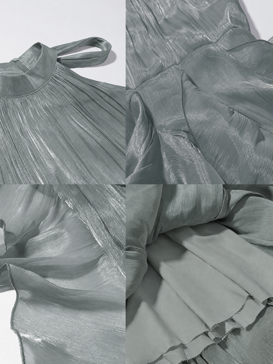Women’s Greige Glamorous Satin High Neck Sleeveless A-Line Maxi Dress with Ruffle Tiered Detail