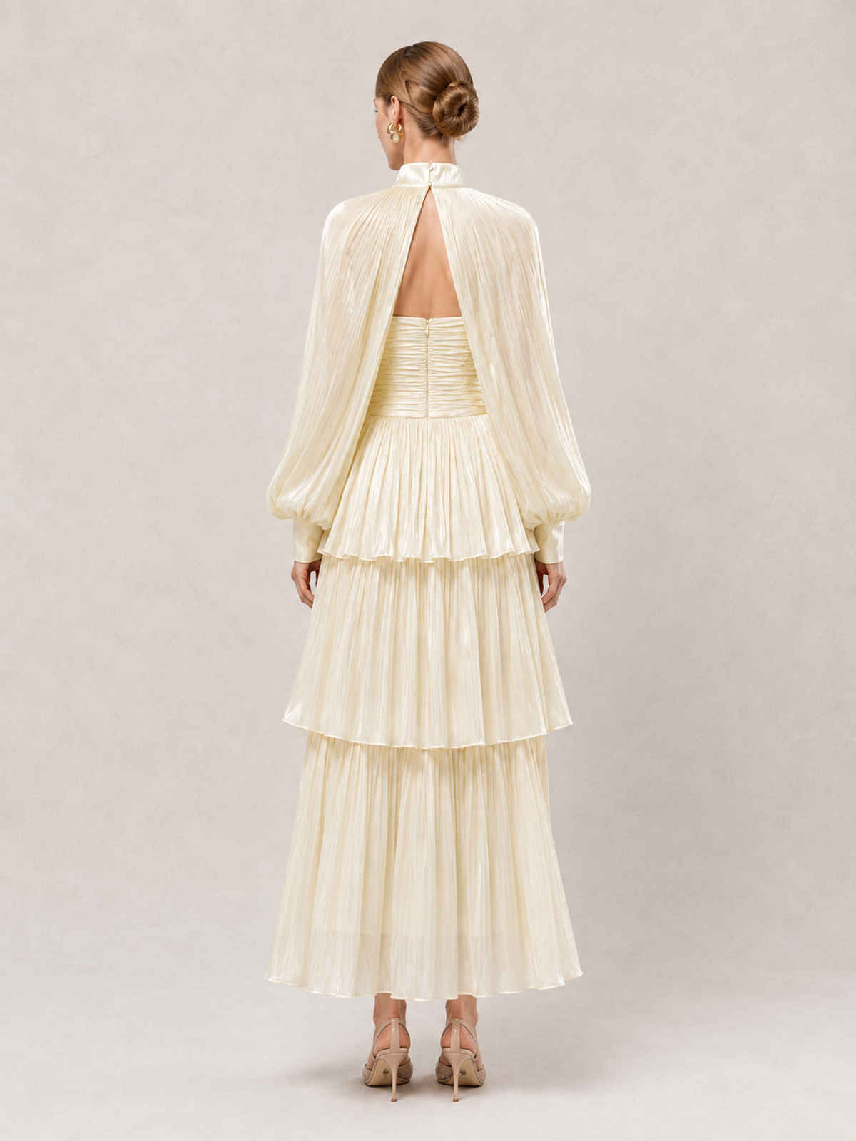 Women’s Pale Romantic Satin High Neck Long Sleeve A-Line Maxi Dress with Ruched Tiered Detail