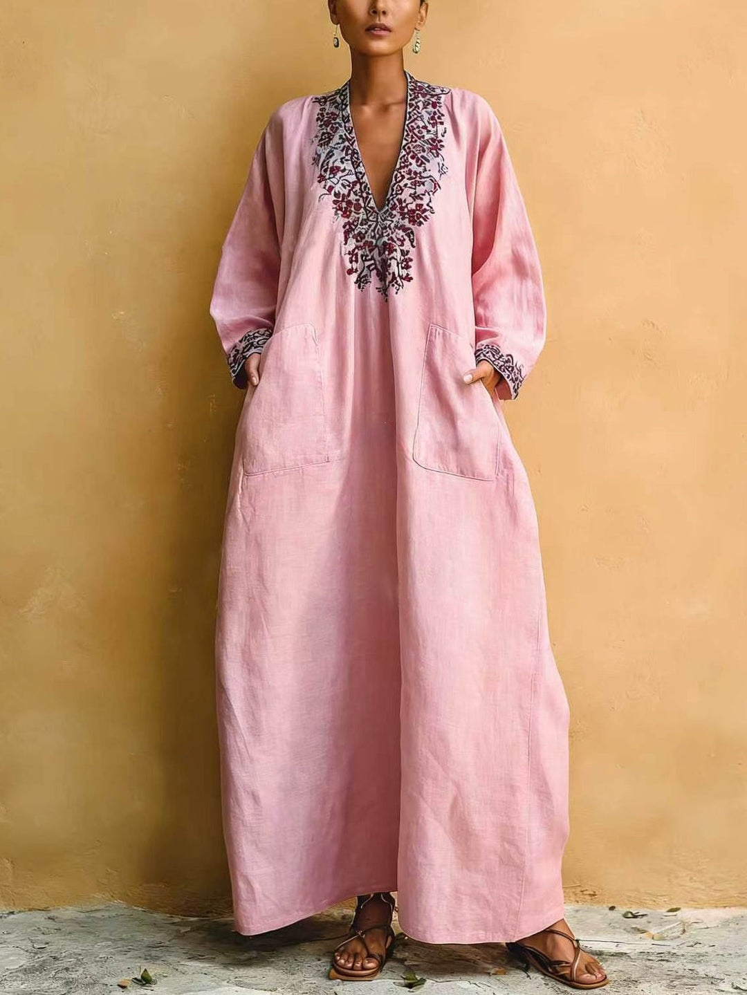 Women’s Pink Bohemian Cotton-Linen Blend V-Neck Long Sleeve Relaxed Maxi Dress with Side Pockets