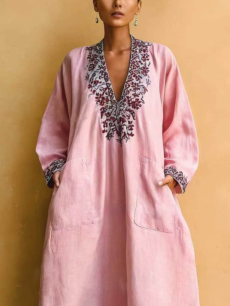 Women’s Pink Bohemian Cotton-Linen Blend V-Neck Long Sleeve Relaxed Maxi Dress with Side Pockets